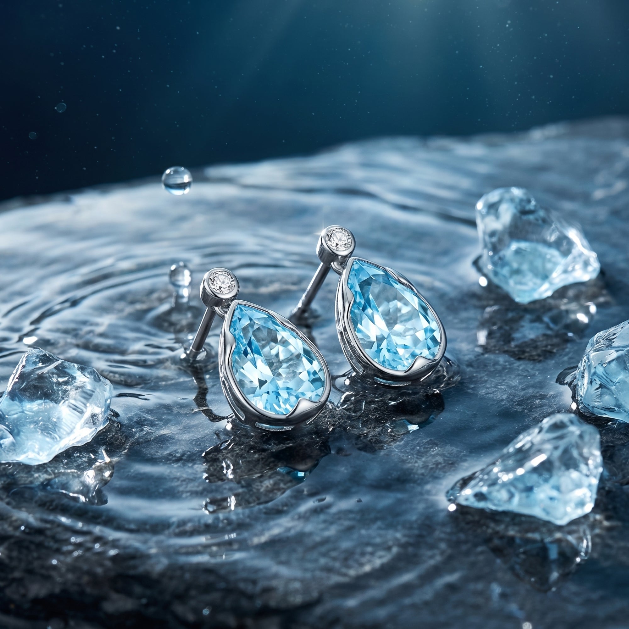 Pear cut aquamarine drop earrings in platinum on a wet stone surface with water ripples and ice crystals.