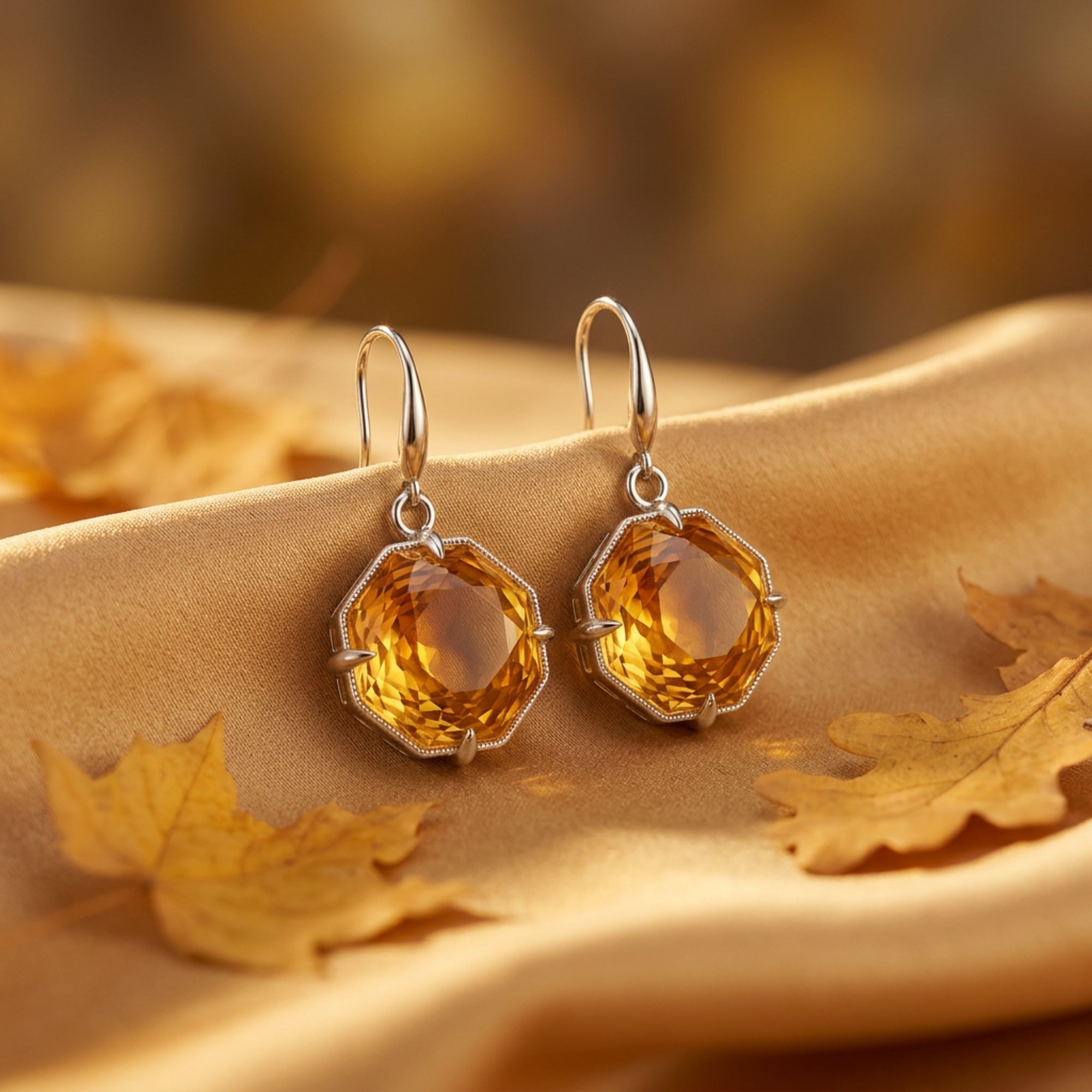 Octagon-cut natural citrine drop earrings in silver, resting on gold silk fabric with autumn leaves.