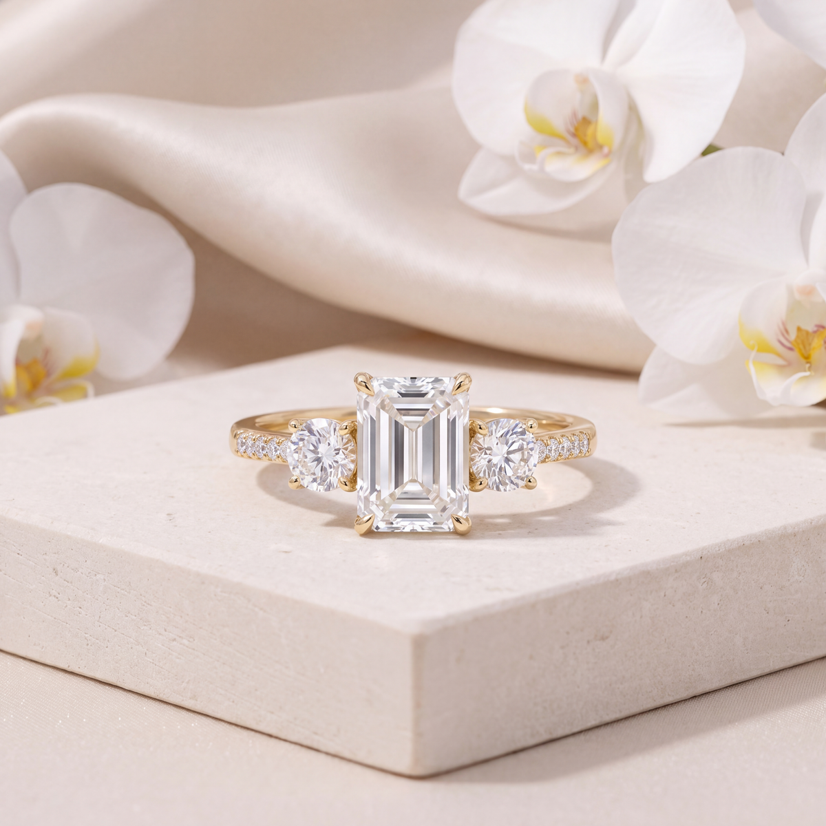Yellow gold emerald cut moissanite three-stone ring with a pavé band set on a stone pedestal.