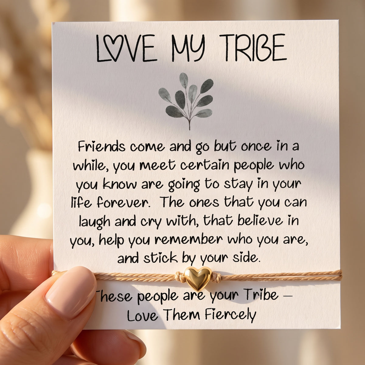 Love My Tribe message card with beige cord bracelet and gold-tone heart