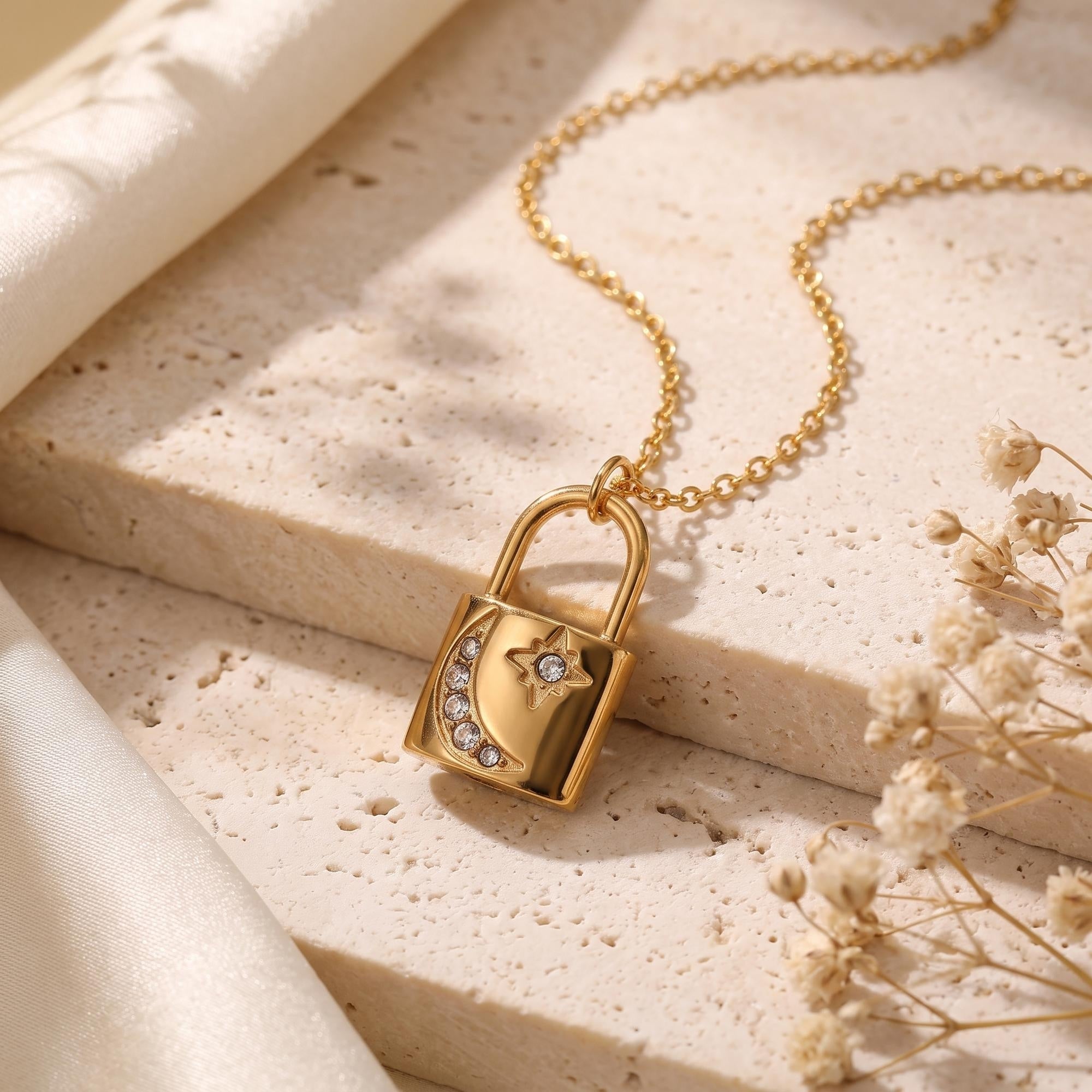 Celestial Padlock Pendant Necklace – 18K Gold PVD Stainless Steel