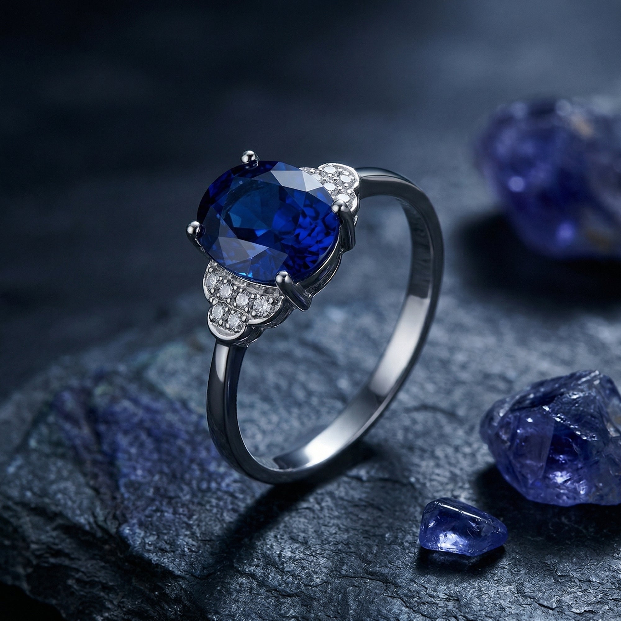 Side view of the 18K white gold oval tanzanite ring with diamond accents on a dark stone background.