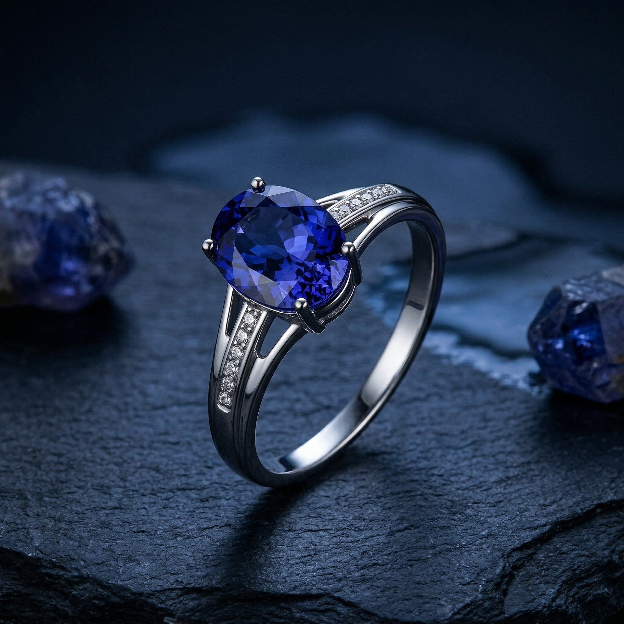 Side view of an oval tanzanite and diamond ring in 18K white gold on a dark stone surface with raw gems.