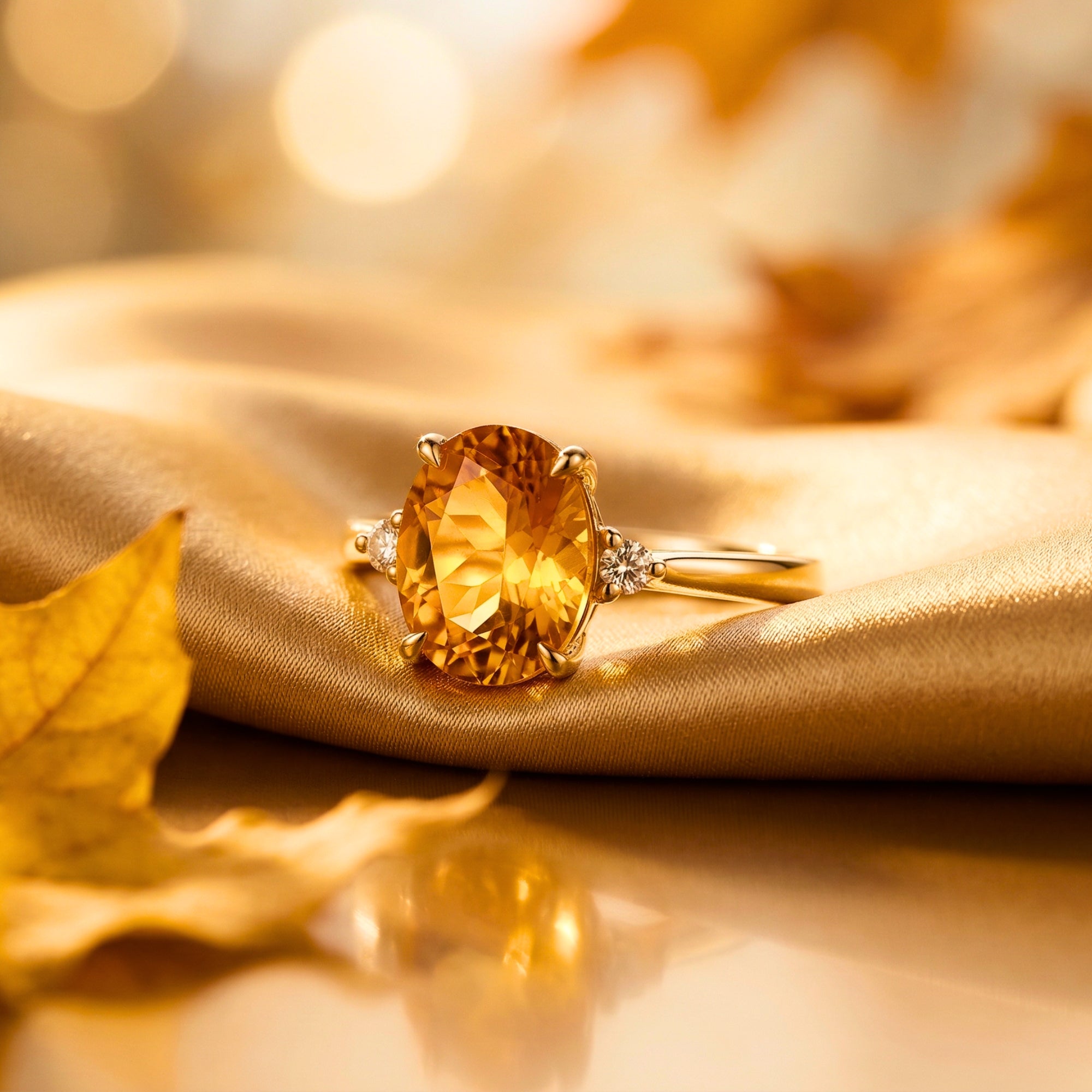 Oval-cut natural citrine ring in 18K yellow gold resting on gold silk fabric with autumn leaves.