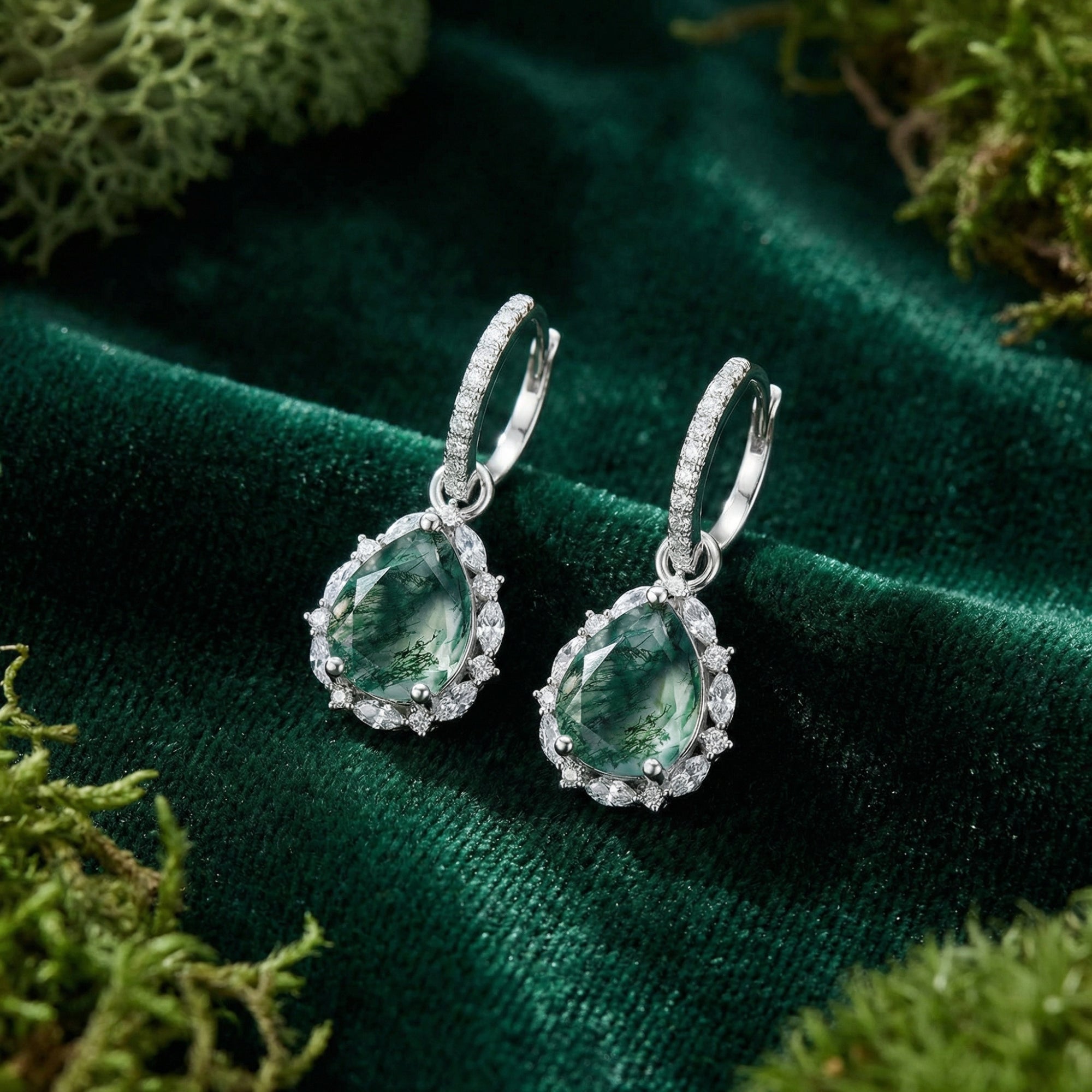 Boucles d'oreilles dormeuses Agate Mousse naturelle Halo Goutte - Argent Sterling S925