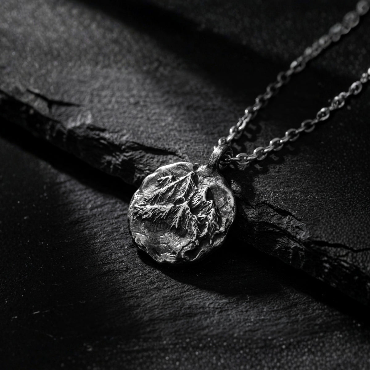Close-up of a silver mountain-relief medallion pendant and chain lying on dark textured slate.