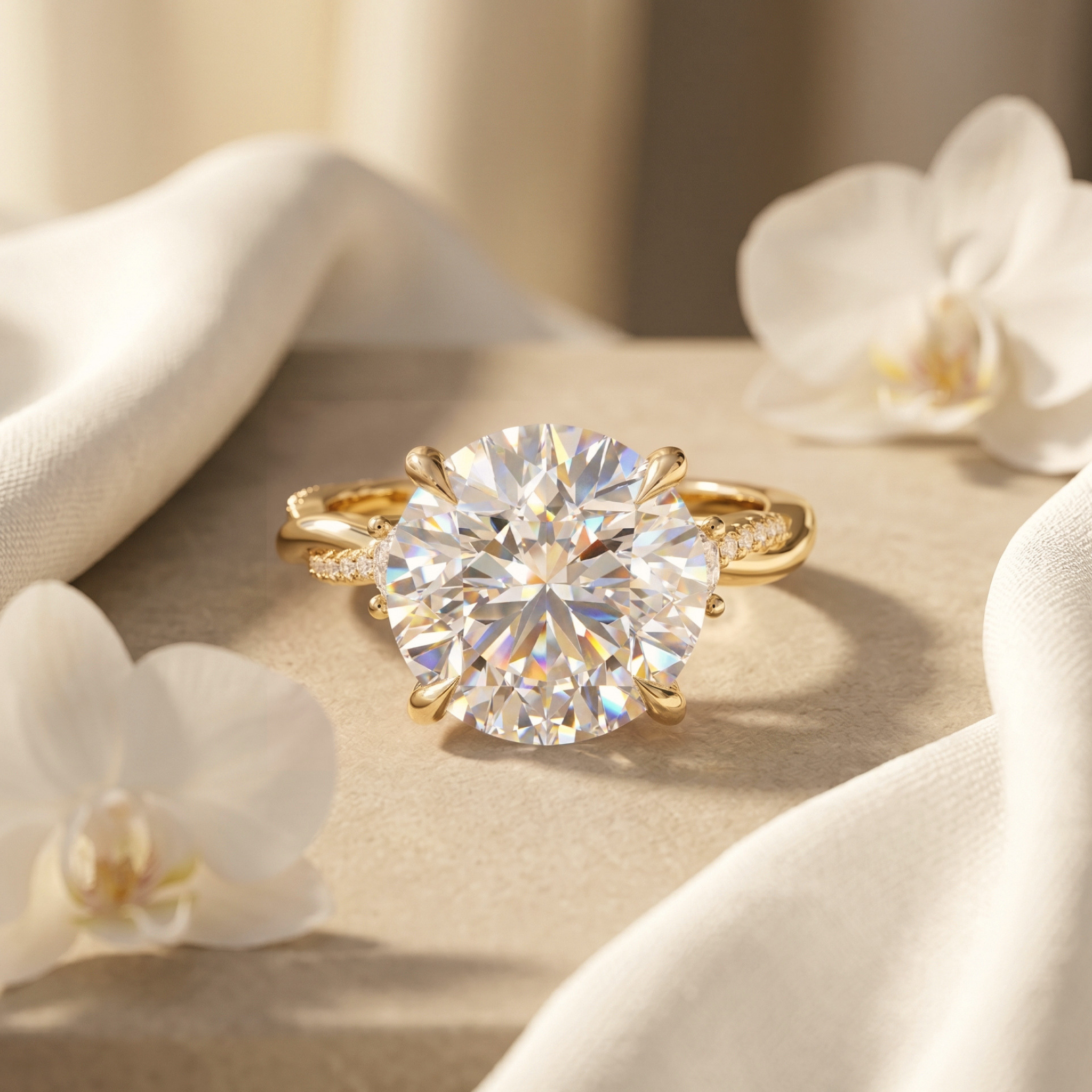 A yellow gold moissanite engagement ring with a round cut center stone showcased on a beige surface with white orchid petals.