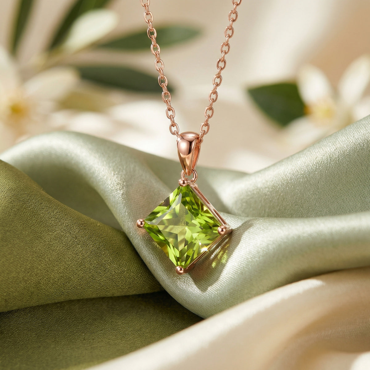 Natural Peridot Princess Cut Pendant Necklace – 18K Rose Gold 