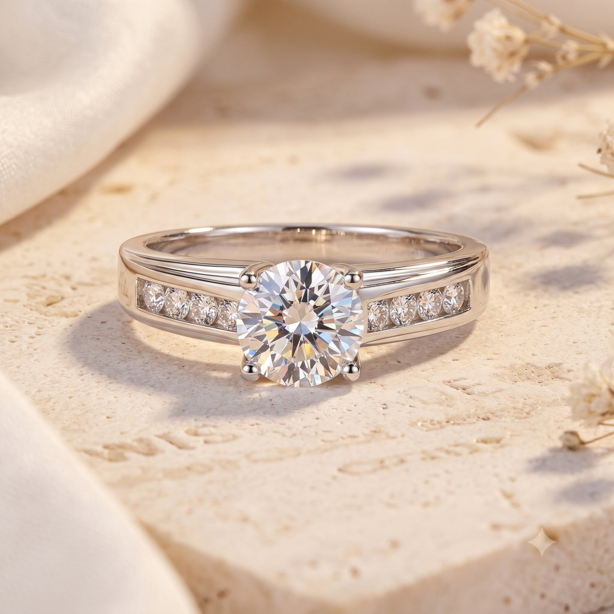 Round cut simulated diamond solitaire ring in S925 sterling silver on a lifestyle stone background.