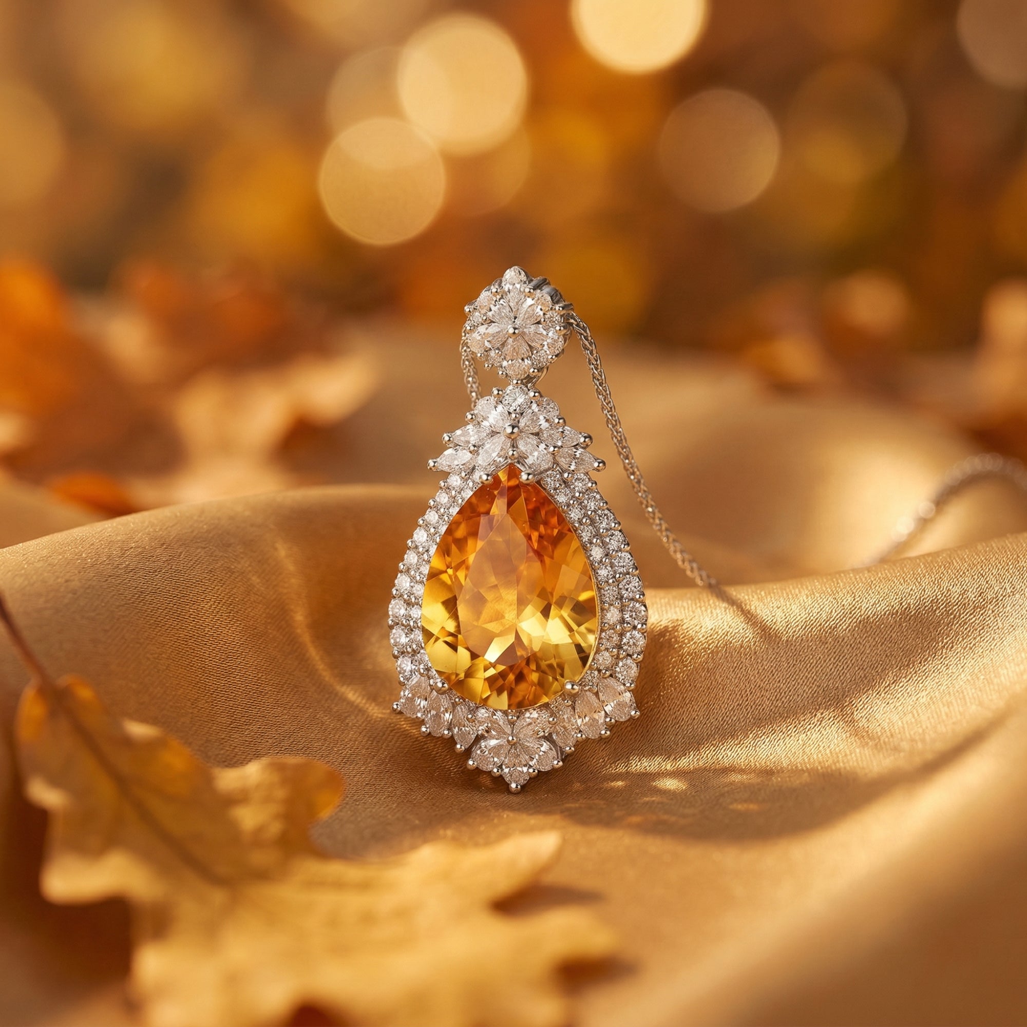 Pear-cut natural citrine necklace in white gold with a diamond halo, styled on gold fabric with autumn leaves.