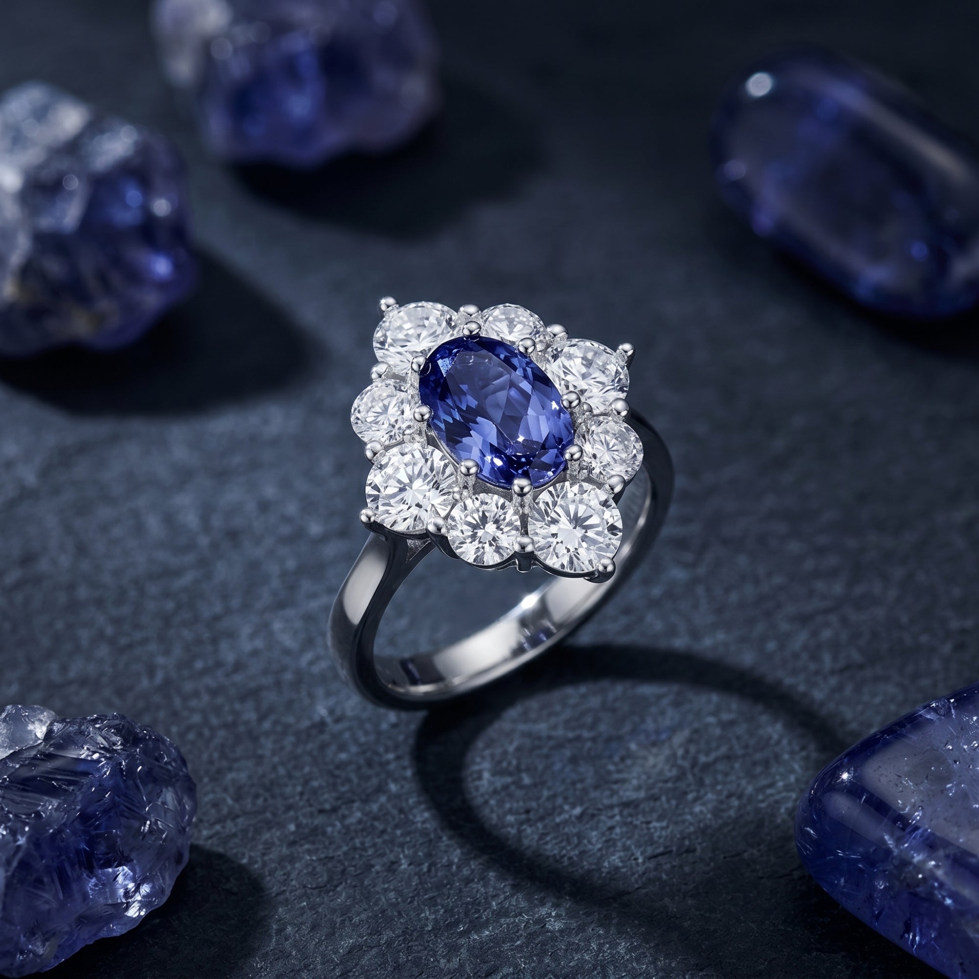 Angled view of the silver Lirienne ring with an oval tanzanite and round halo on a dark stone surface.