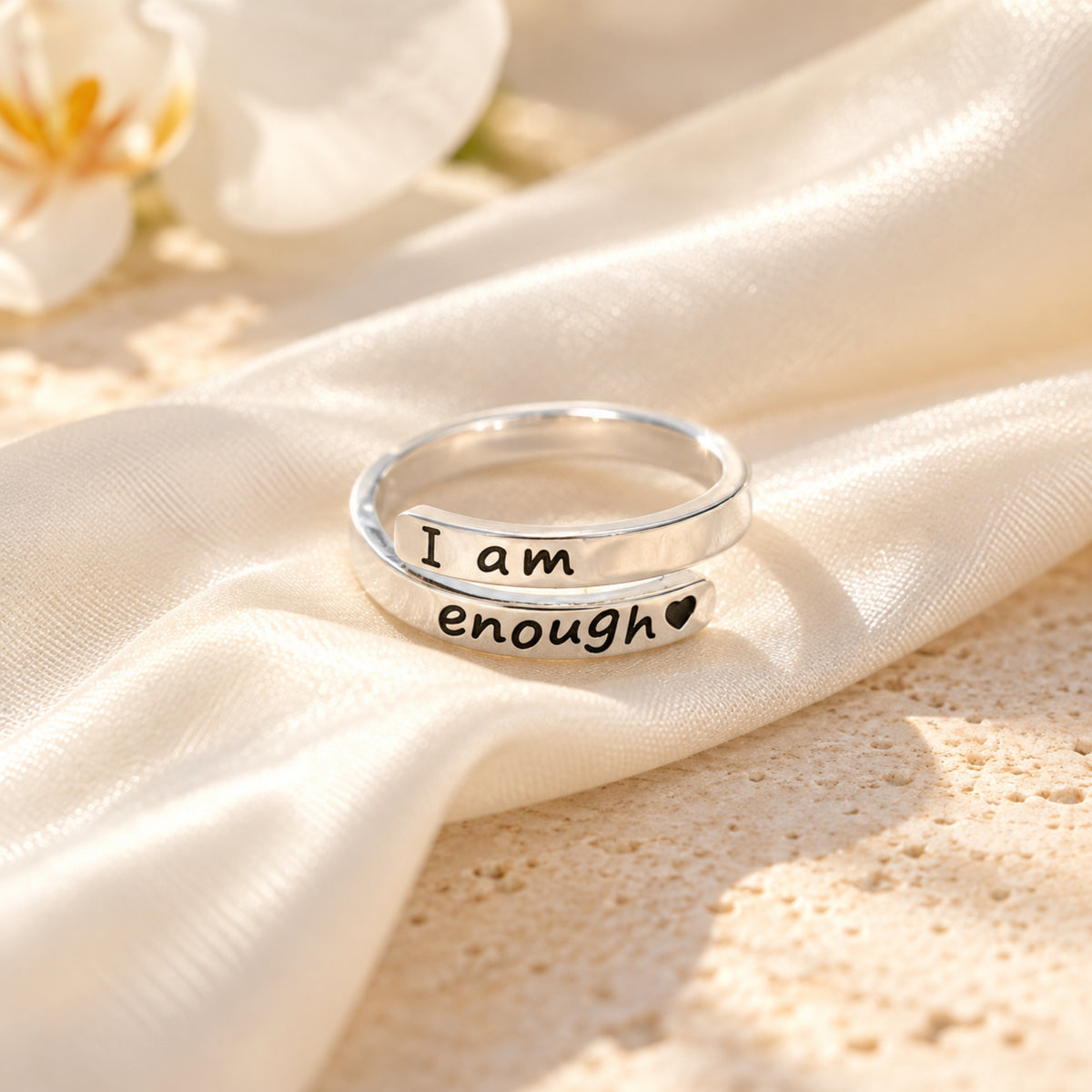 Silver Wrap Affirmation Ring with included I am enough heart engraving