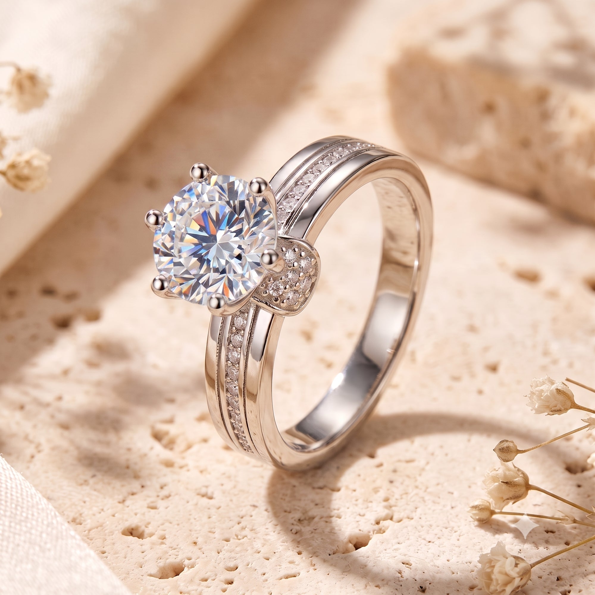 Round brilliant cubic zirconia solitaire ring in S925 sterling silver on a stone surface.