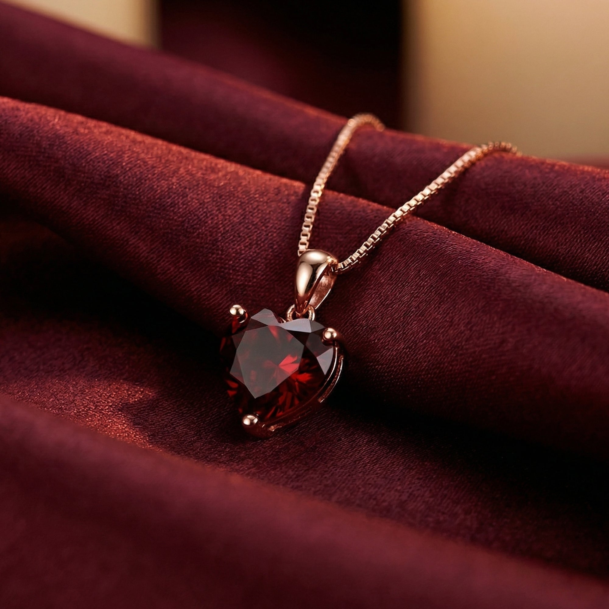 Heart cut garnet necklace in 18K rose gold resting on draped burgundy fabric.