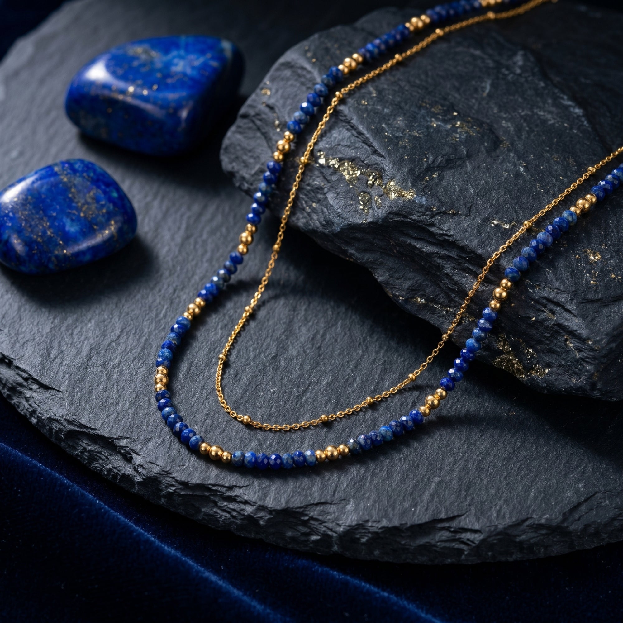 Layered gold necklace with blue lapis lazuli beads and a delicate gold chain displayed on a dark slate rock.