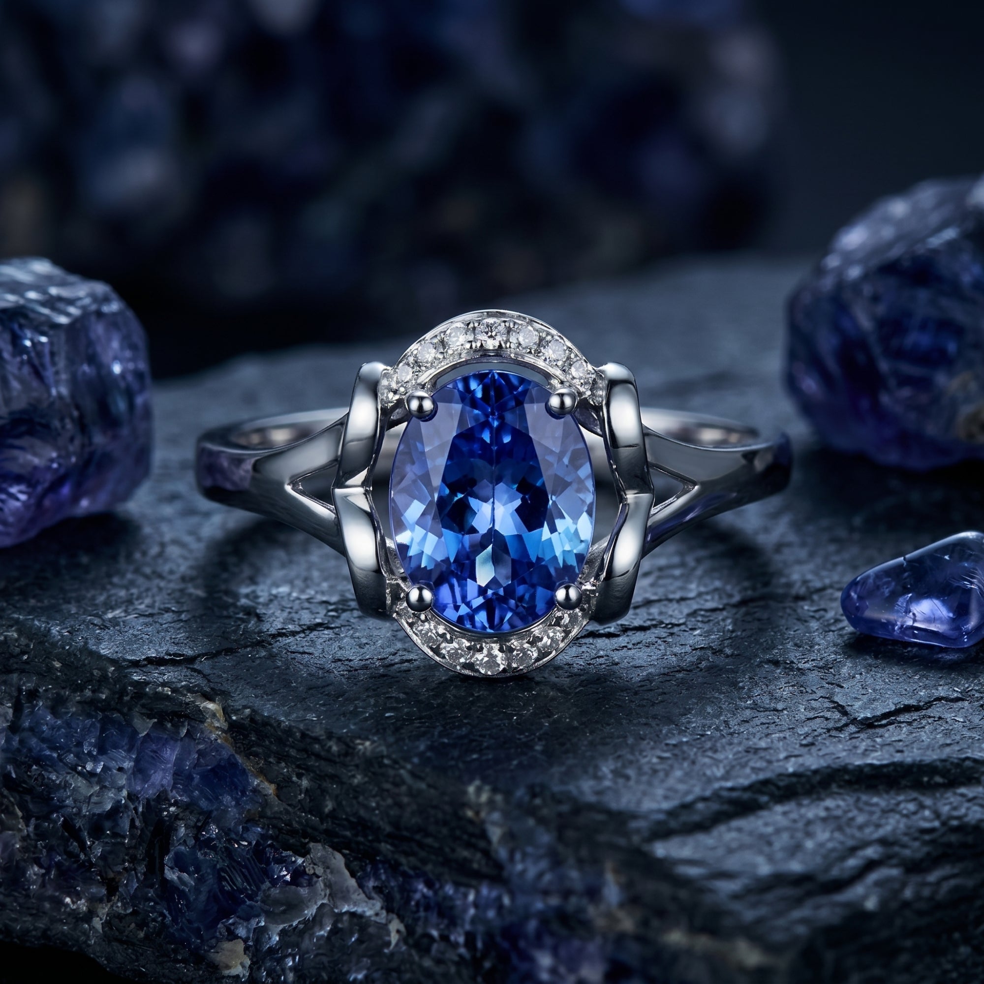 Oval tanzanite and diamond halo ring in 18K white gold displayed on a dark rock with raw gemstones.