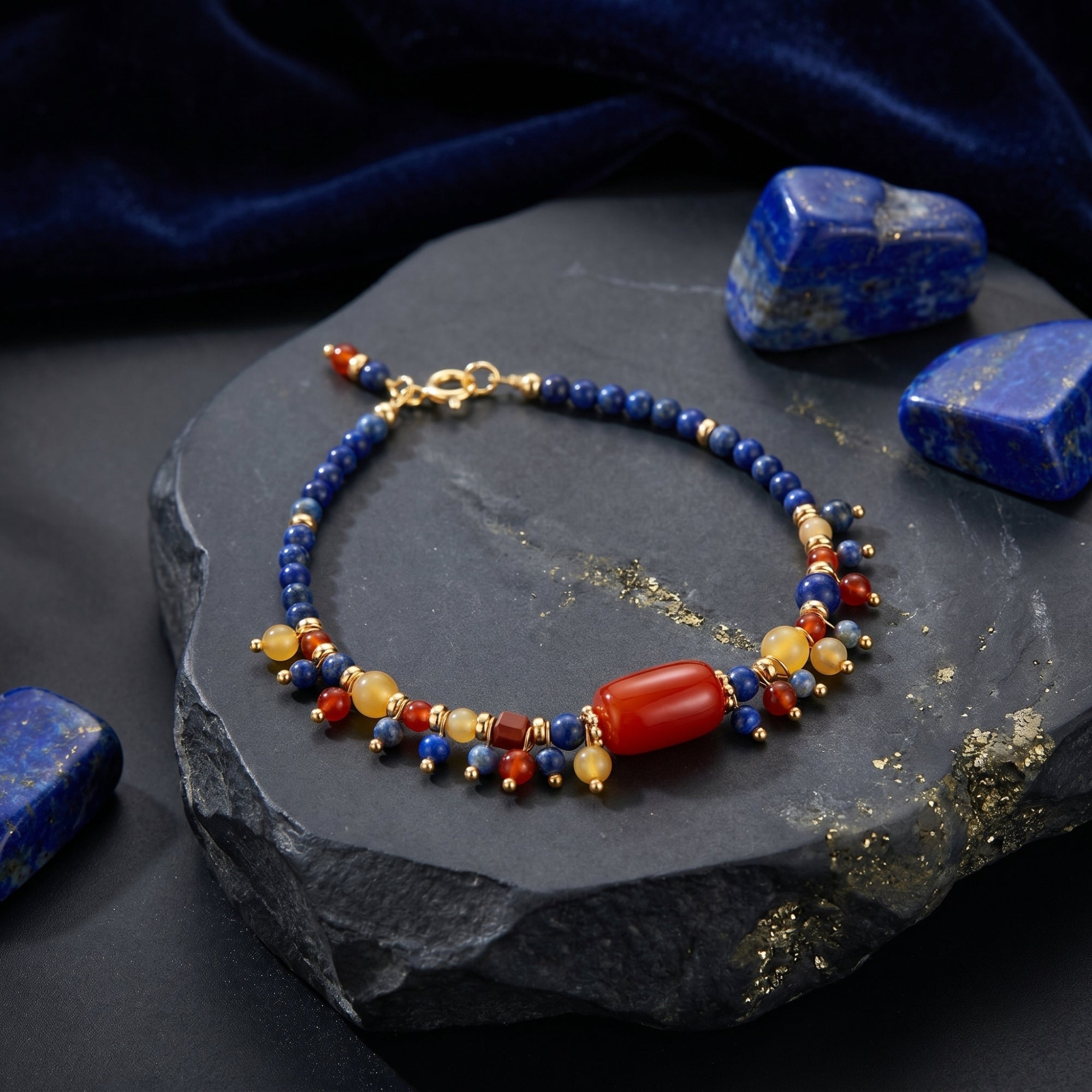 Gold plated lapis lazuli bracelet with red and yellow gemstone beads on a dark stone lifestyle background.