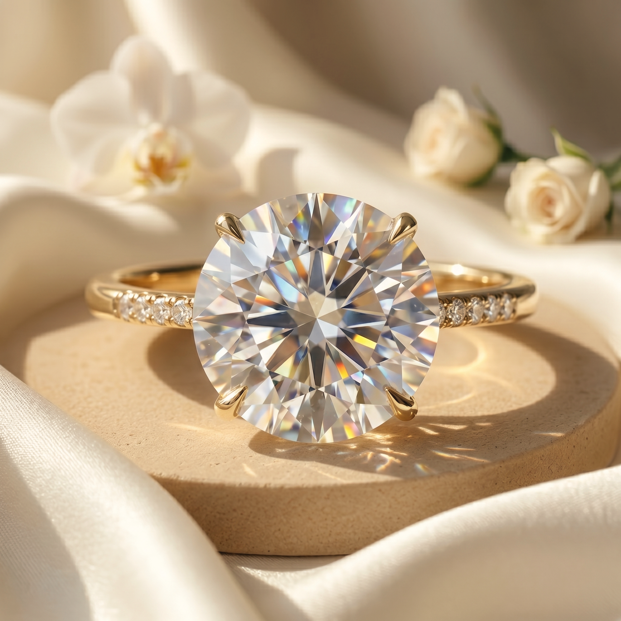 A front-facing view of a brilliant round-cut moissanite engagement ring on a yellow gold pave band.