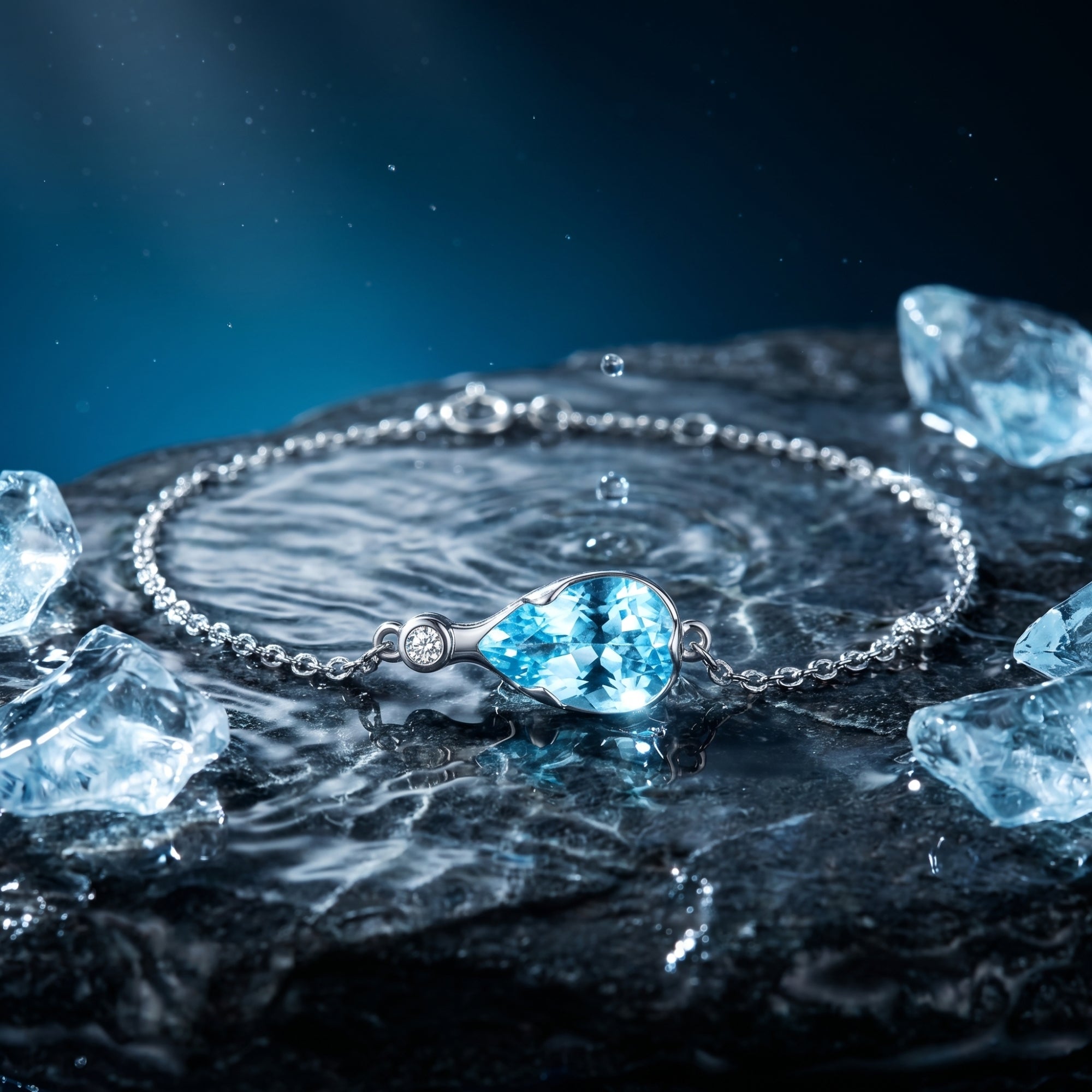 Pear cut aquamarine platinum bracelet displayed on wet dark stone with ice accents.