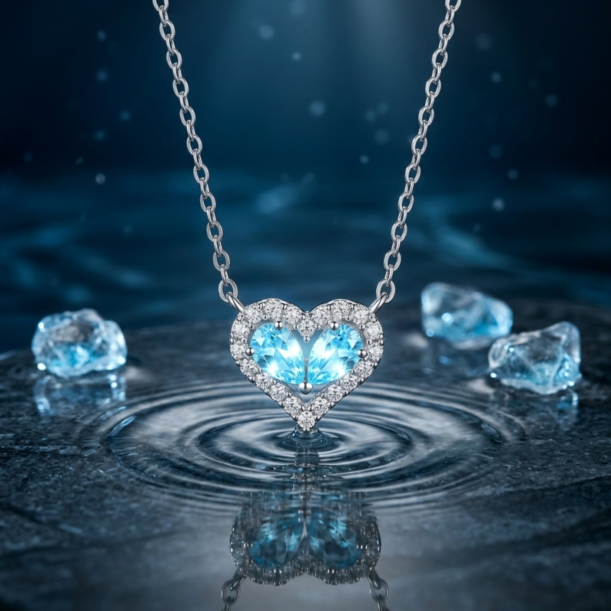 Silver heart-shaped necklace with twin pear-cut aquamarines suspended over blue water ripples with raw gemstones.