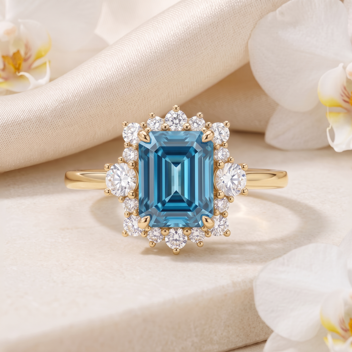Front view of an emerald-cut blue moissanite halo ring in yellow gold.