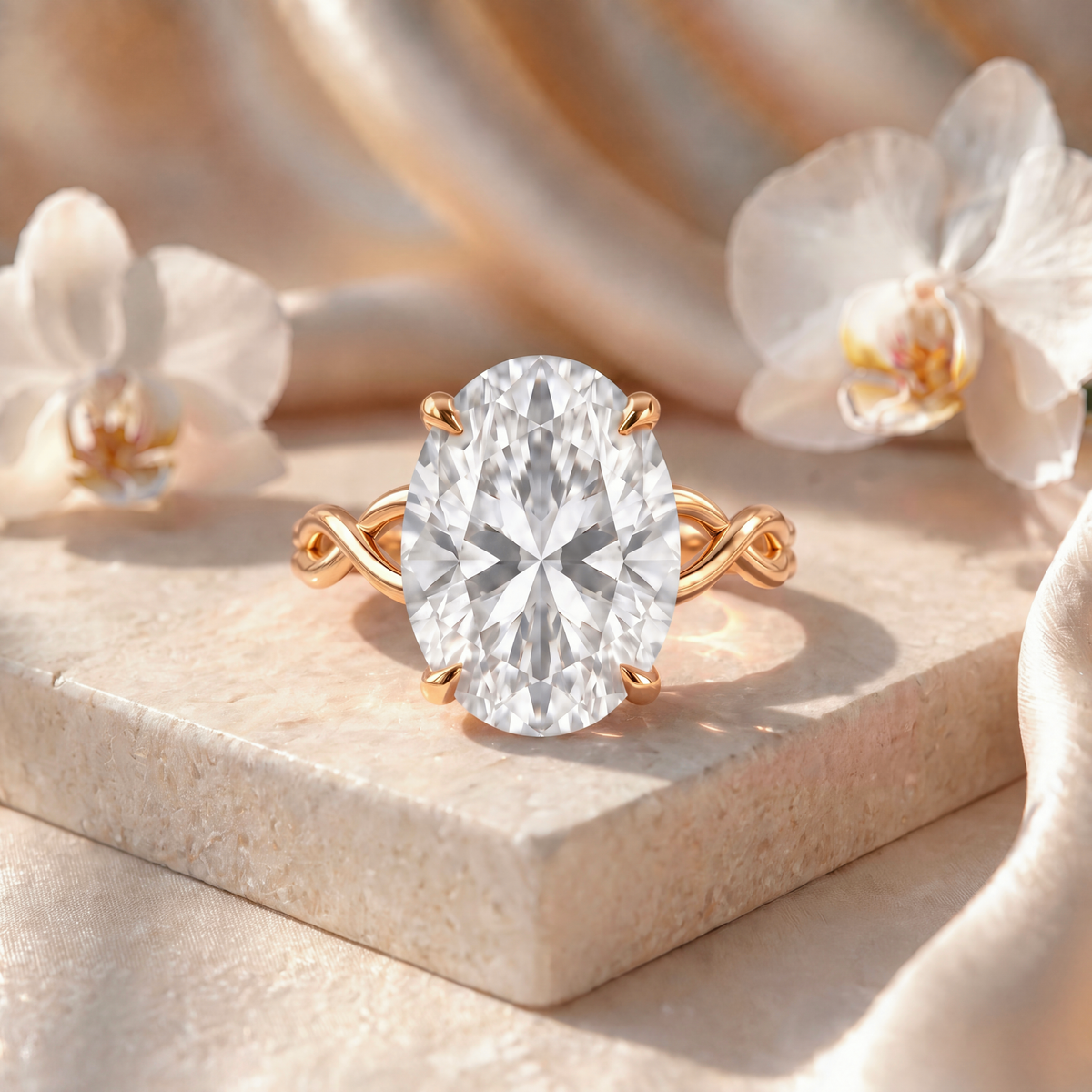 An oval-cut moissanite engagement ring featuring a twisted yellow gold band displayed on a beige stone block.