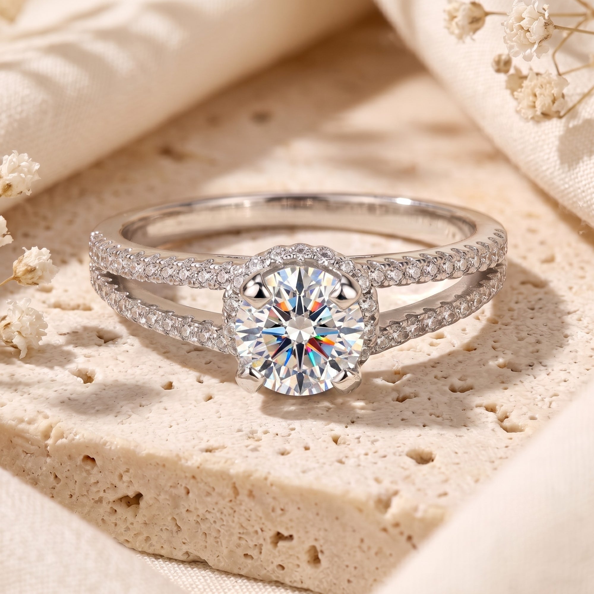 Aria split shank ring in S925 sterling silver with round cubic zirconia on a stone surface.
