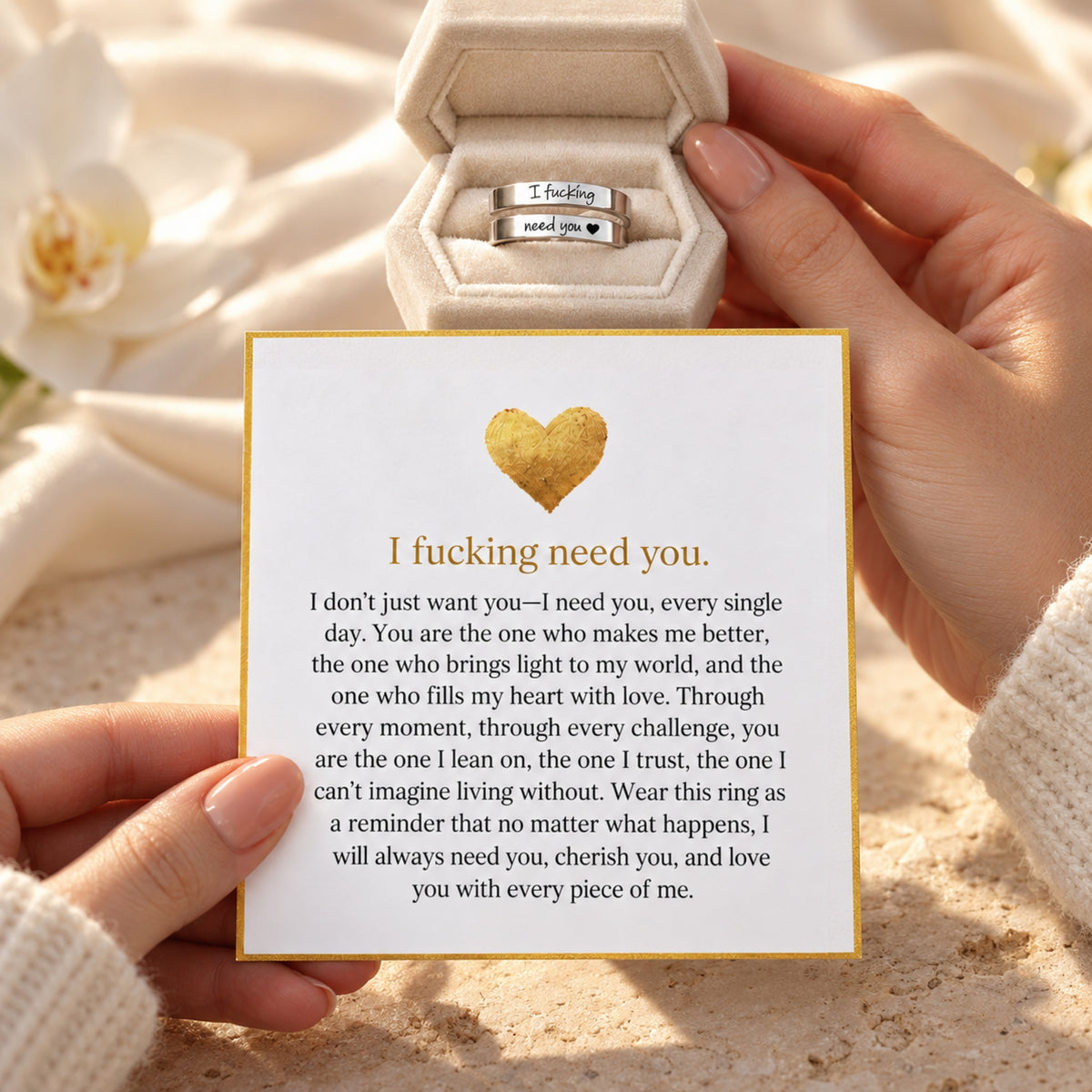 Silver I Need You open wrap ring in gift box with the included message card