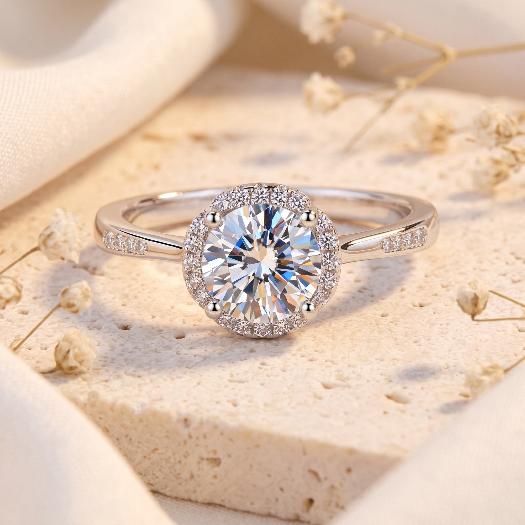 Silver round halo cubic zirconia ring on a stone surface with dried flowers.