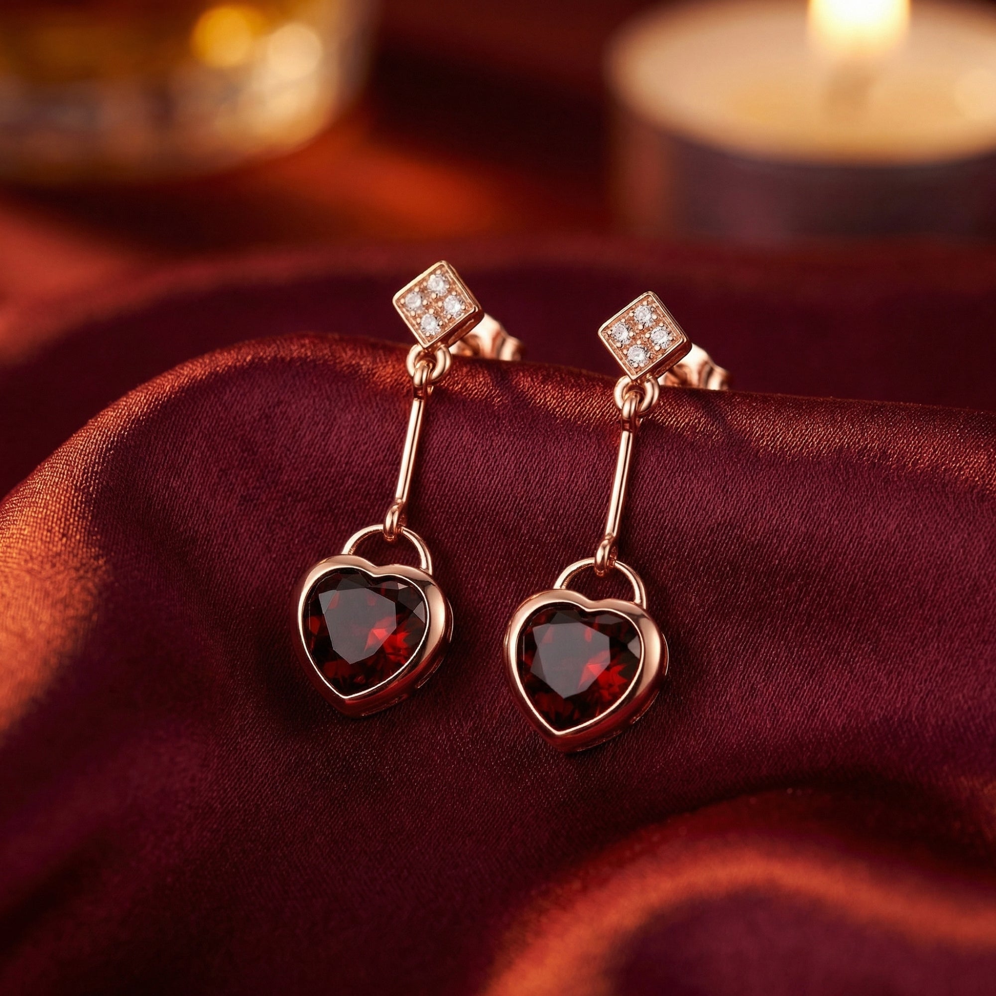 Rosalette 18K rose gold drop earrings with heart-cut red garnets displayed on a burgundy silk background.