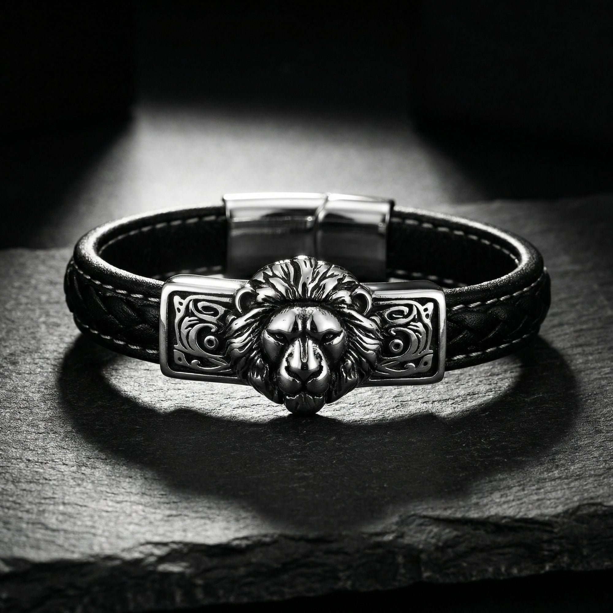Men's Black Leather Lion Bracelet – 316L Stainless Steel – Gift
