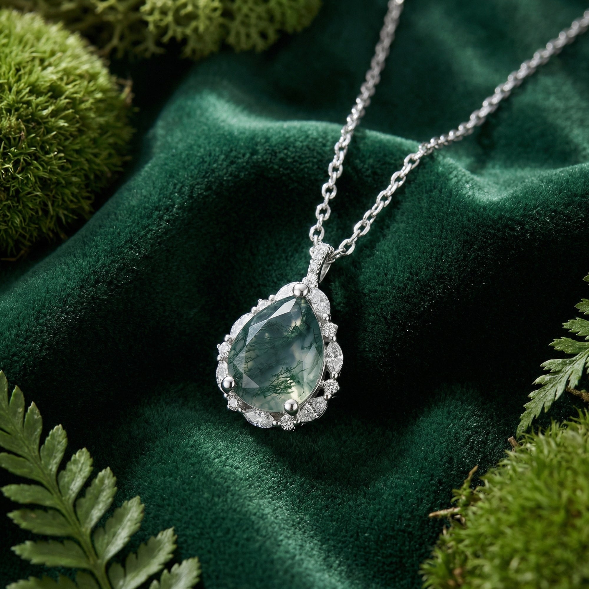 Teardrop moss agate necklace in S925 sterling silver on green velvet with forest moss and fern accents.