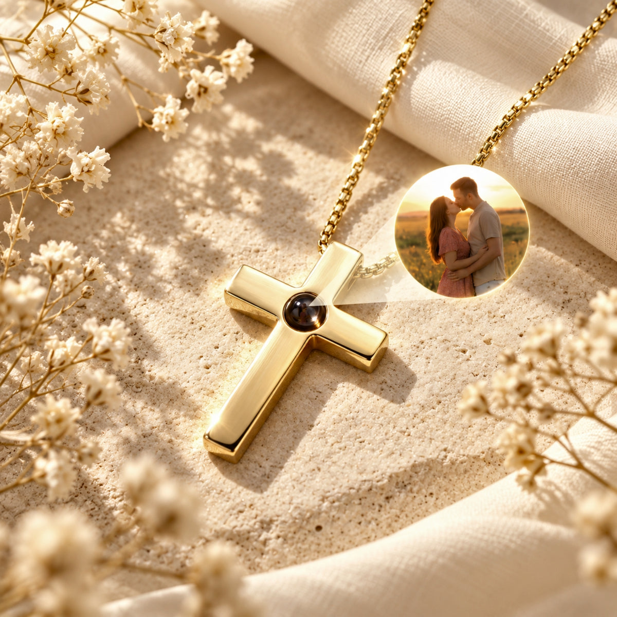 Gold-tone cross necklace on sand with a central dark lens projecting a circular image of a couple.