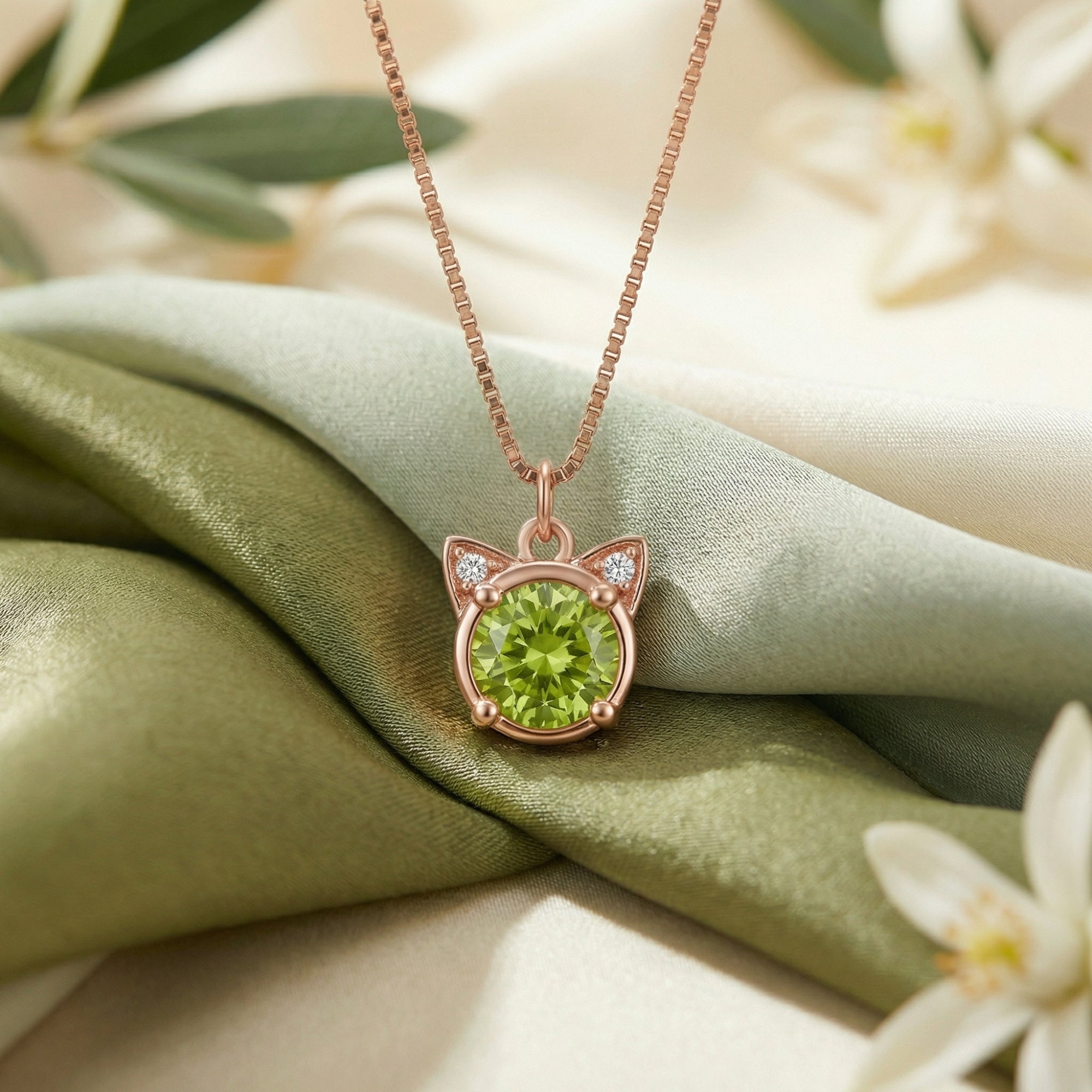 Round cut peridot cat necklace in 18K rose gold vermeil on draped green and cream silk fabric.