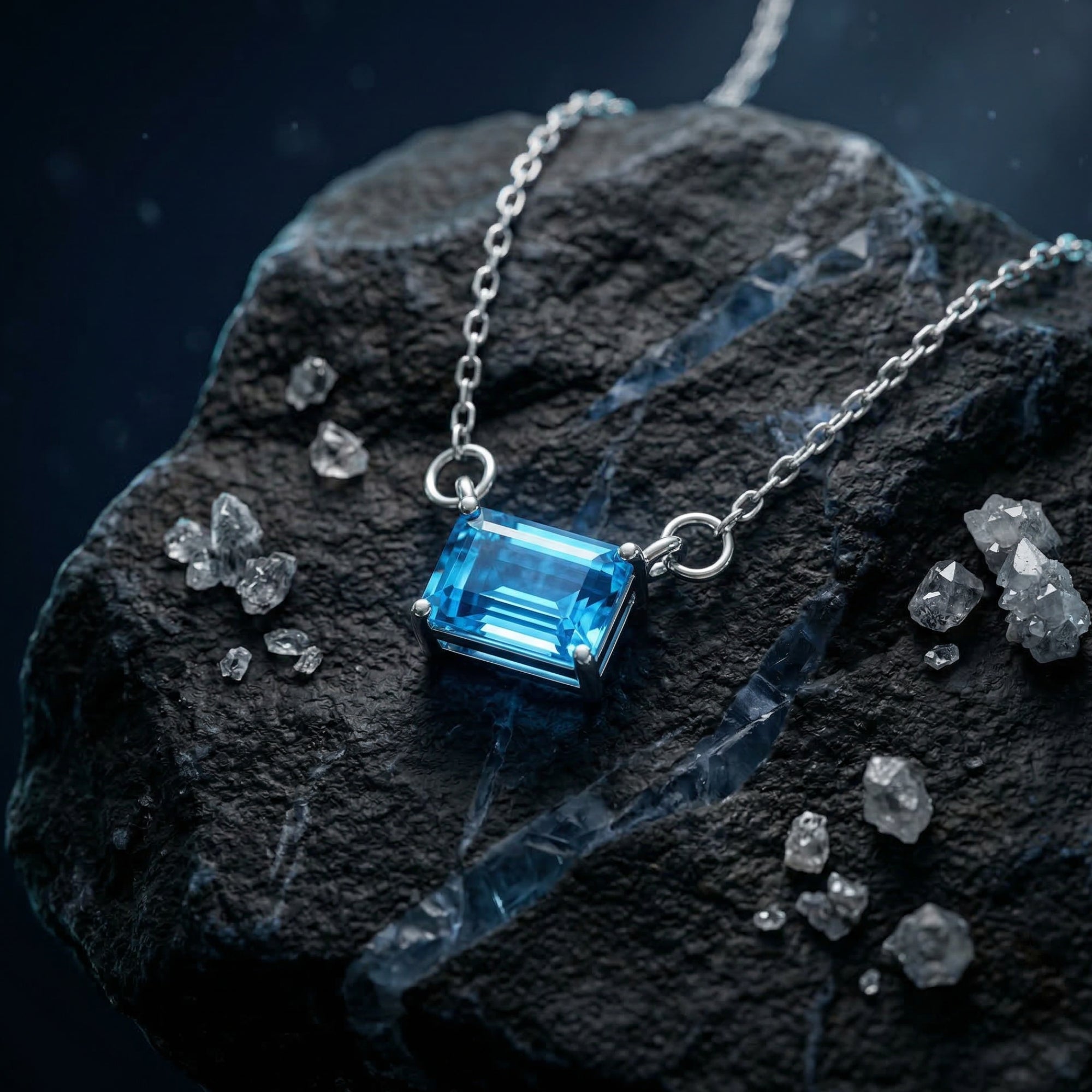 Emerald cut blue topaz necklace in white gold resting on a dark textured rock with raw crystals.