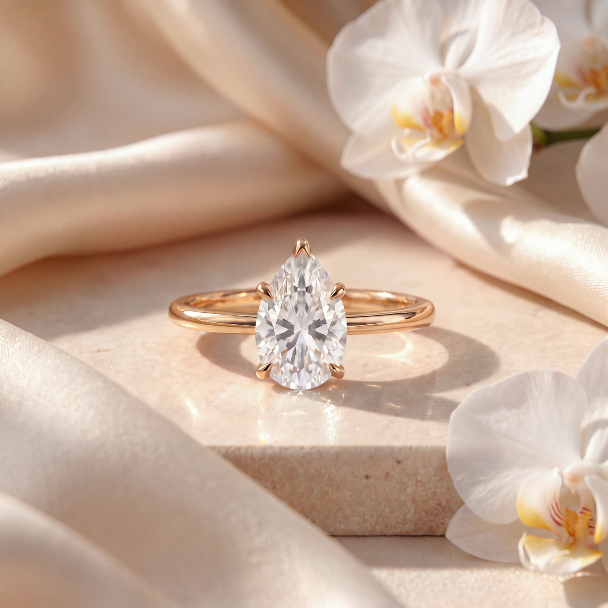 A pear-cut moissanite solitaire ring in yellow gold presented on a marble surface.