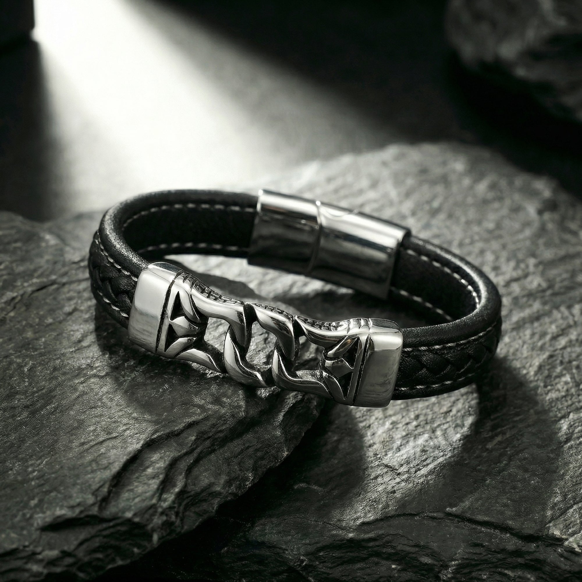 Black Leather Men's Bracelet – 316L Stainless Steel – Gift for Him