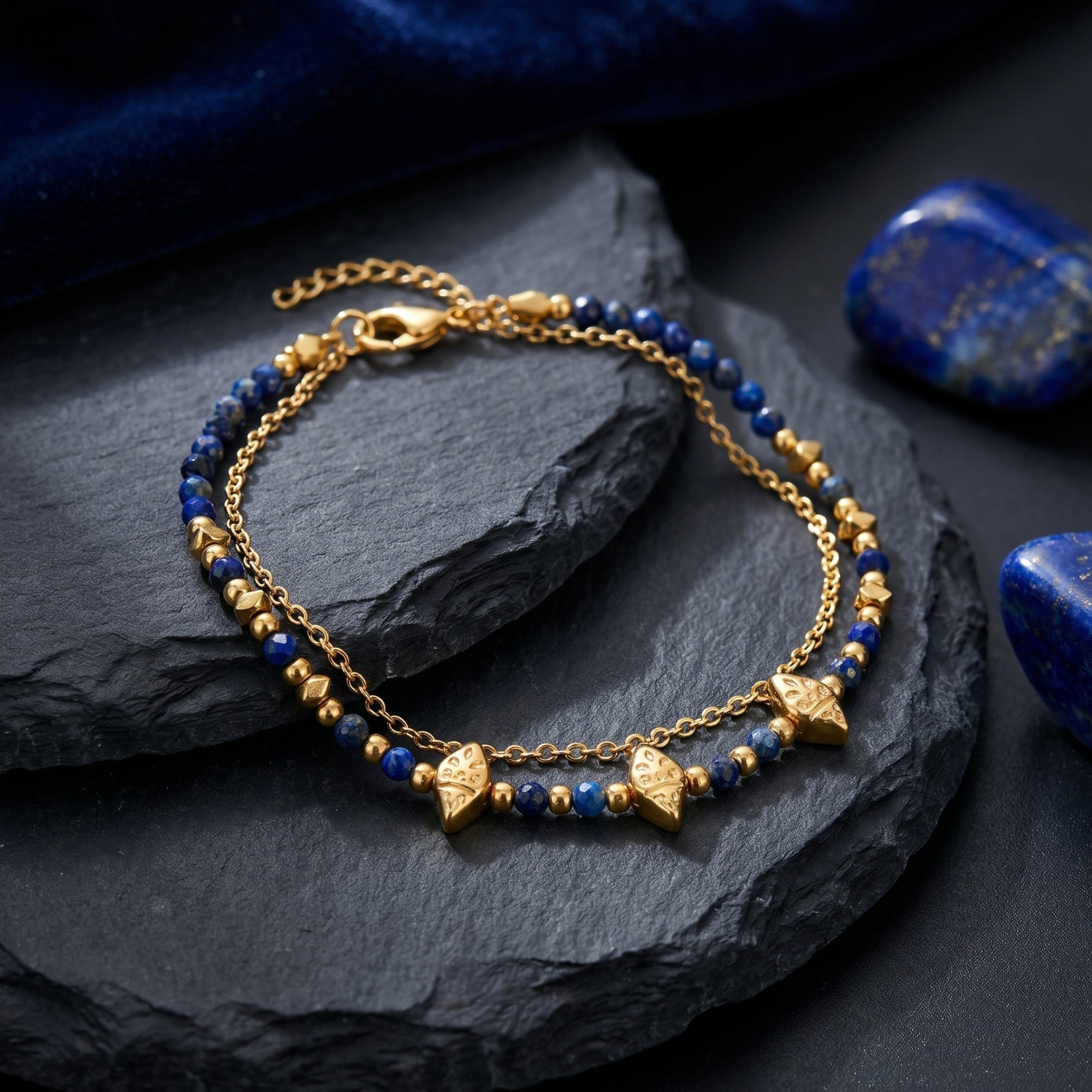 18k gold-plated stainless steel lapis bead bracelet on a dark stone surface with blue velvet background.