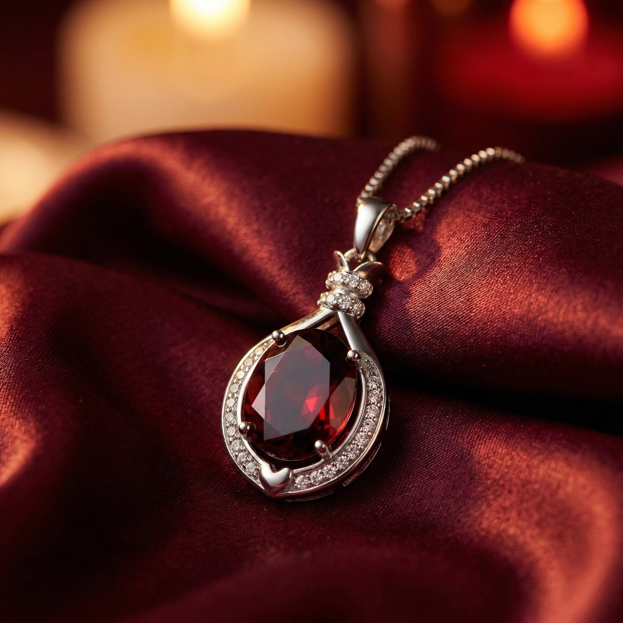 Oval cut natural garnet pendant in silver on a red silk background with soft candle lighting.