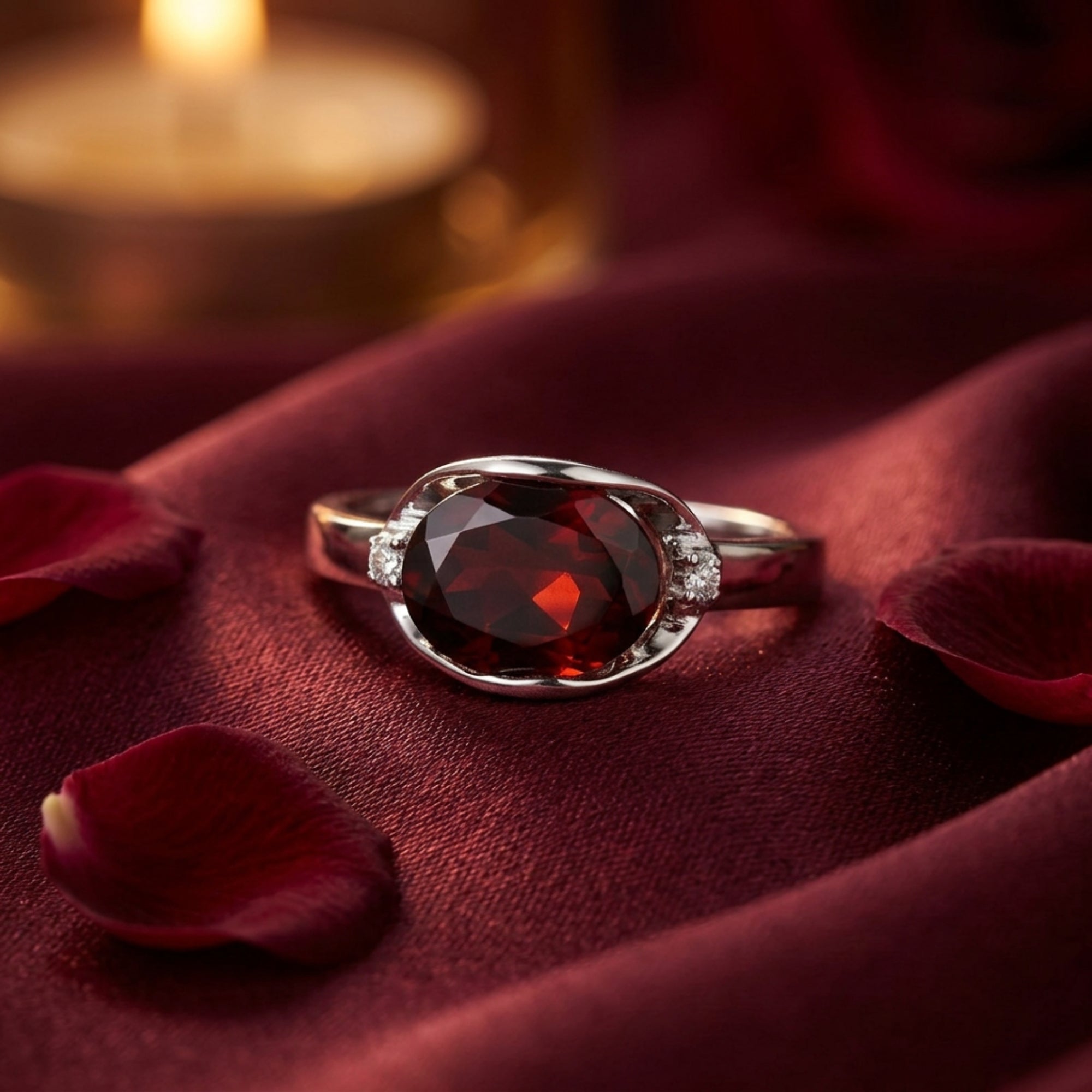 Oval cut natural garnet statement ring in sterling silver on red fabric with rose petals.