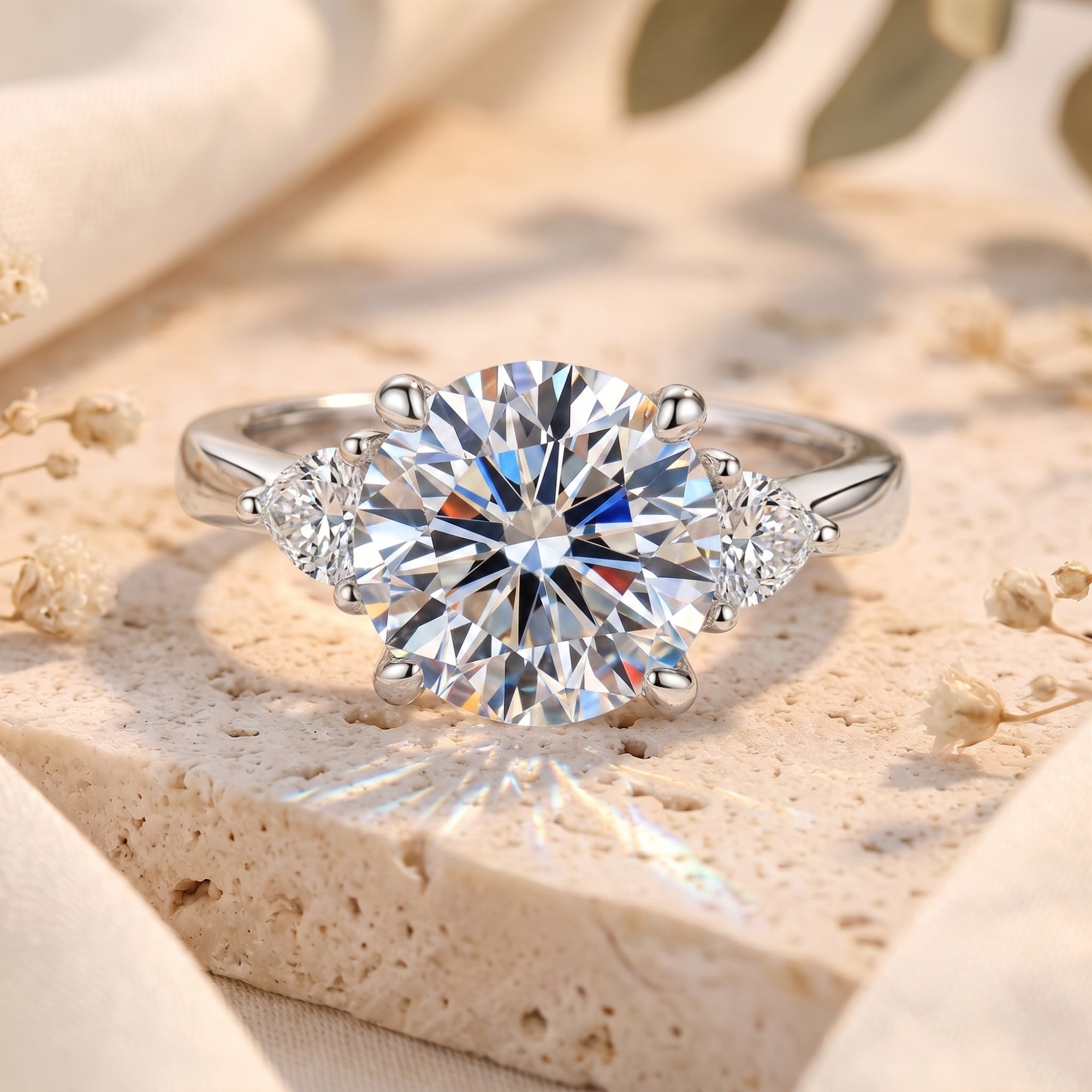 Round-cut cubic zirconia trilogy ring in sterling silver on stone.