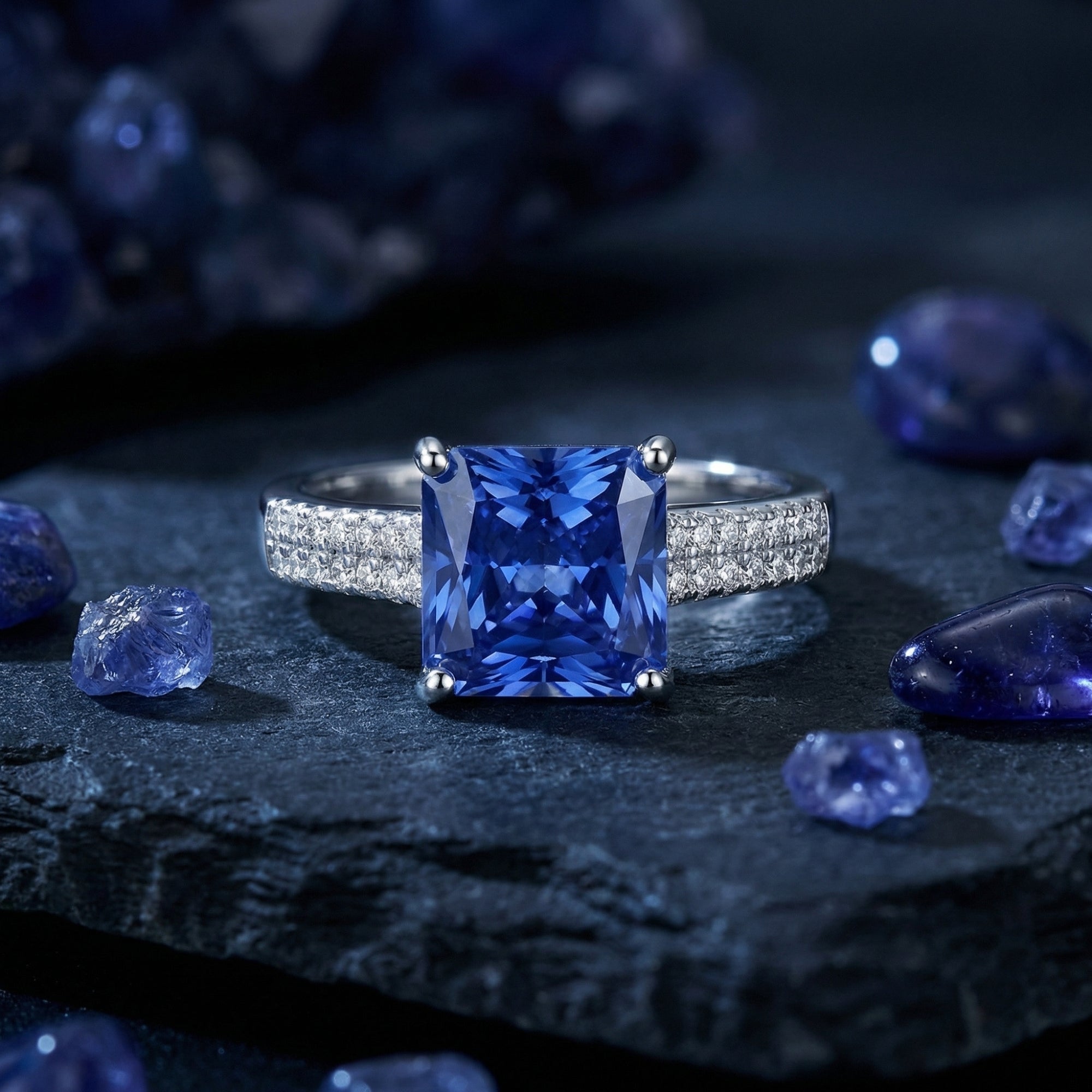 Princess cut tanzanite ring in 925 sterling silver with zircon accents, styled on a dark stone background.