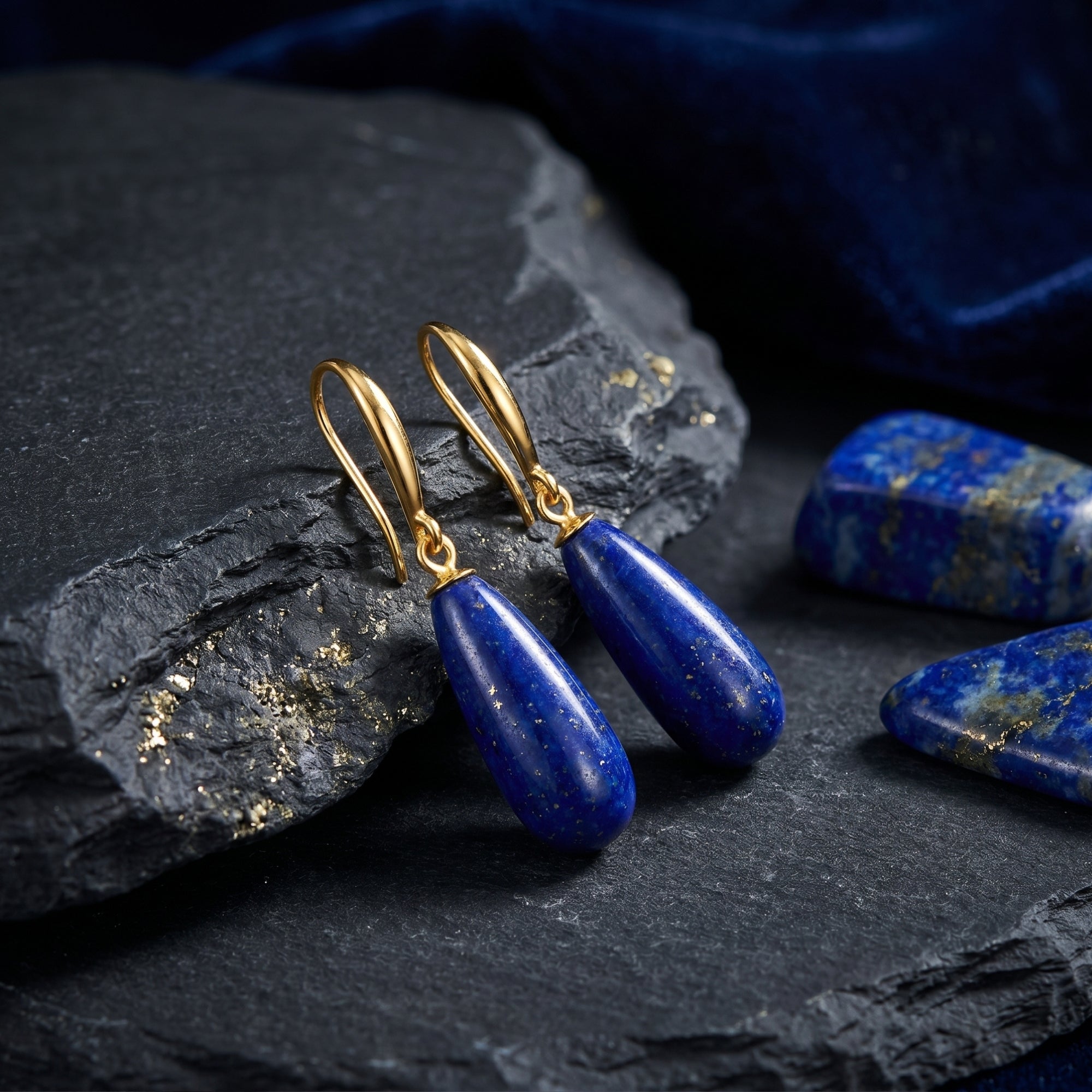 Pear-shaped natural lapis lazuli drop earrings in 18K gold plating styled on dark slate with blue velvet.