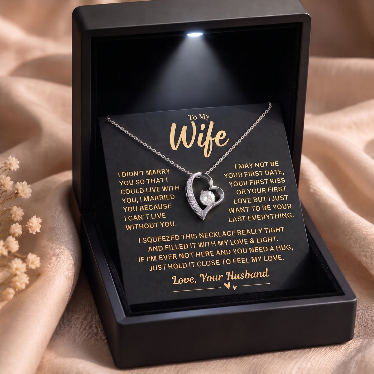 Silver open-heart necklace with Wife message card in black LED box.