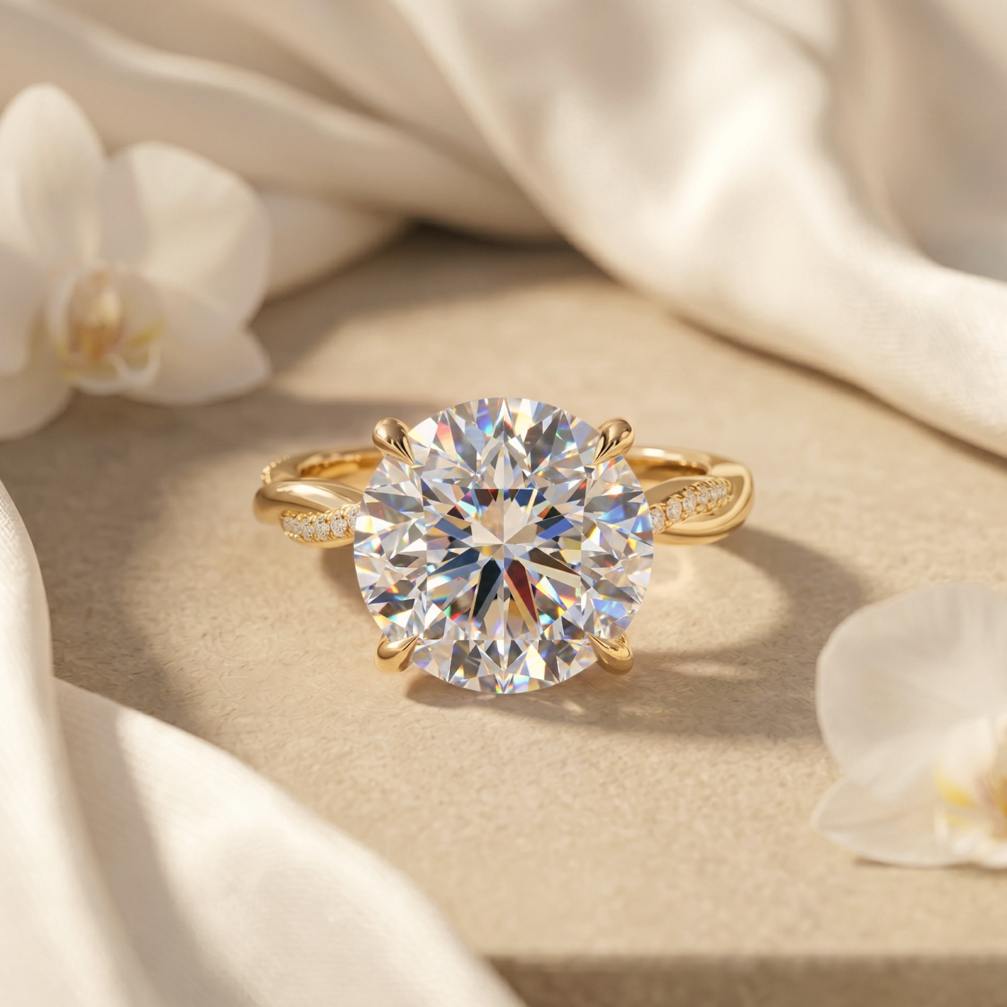 A yellow gold moissanite engagement ring with a twisted pavé-set band and a round brilliant-cut center stone.