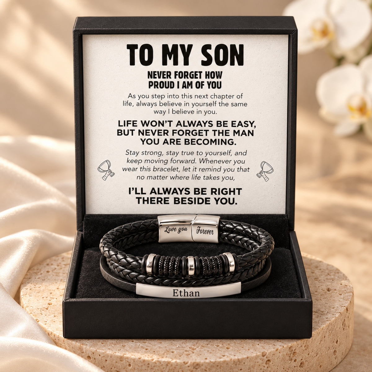 Next Chapter silver-tone and black bracelet in its included To My Son message-card gift box; Ethan is an example name