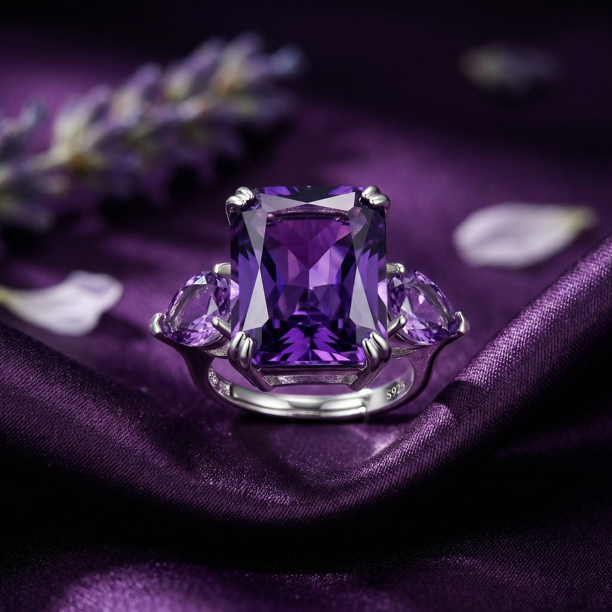 Close-up of the square cut amethyst sterling silver ring showing the S925 hallmark and detailed gemstone facets.