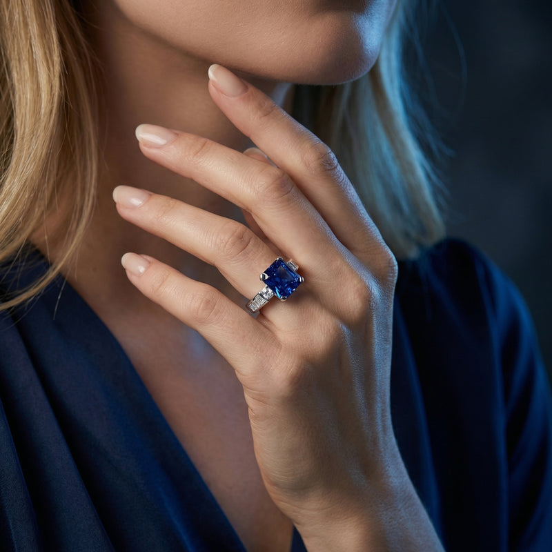 Woman wearing the Adelina princess cut tanzanite ring in sterling silver on her finger.