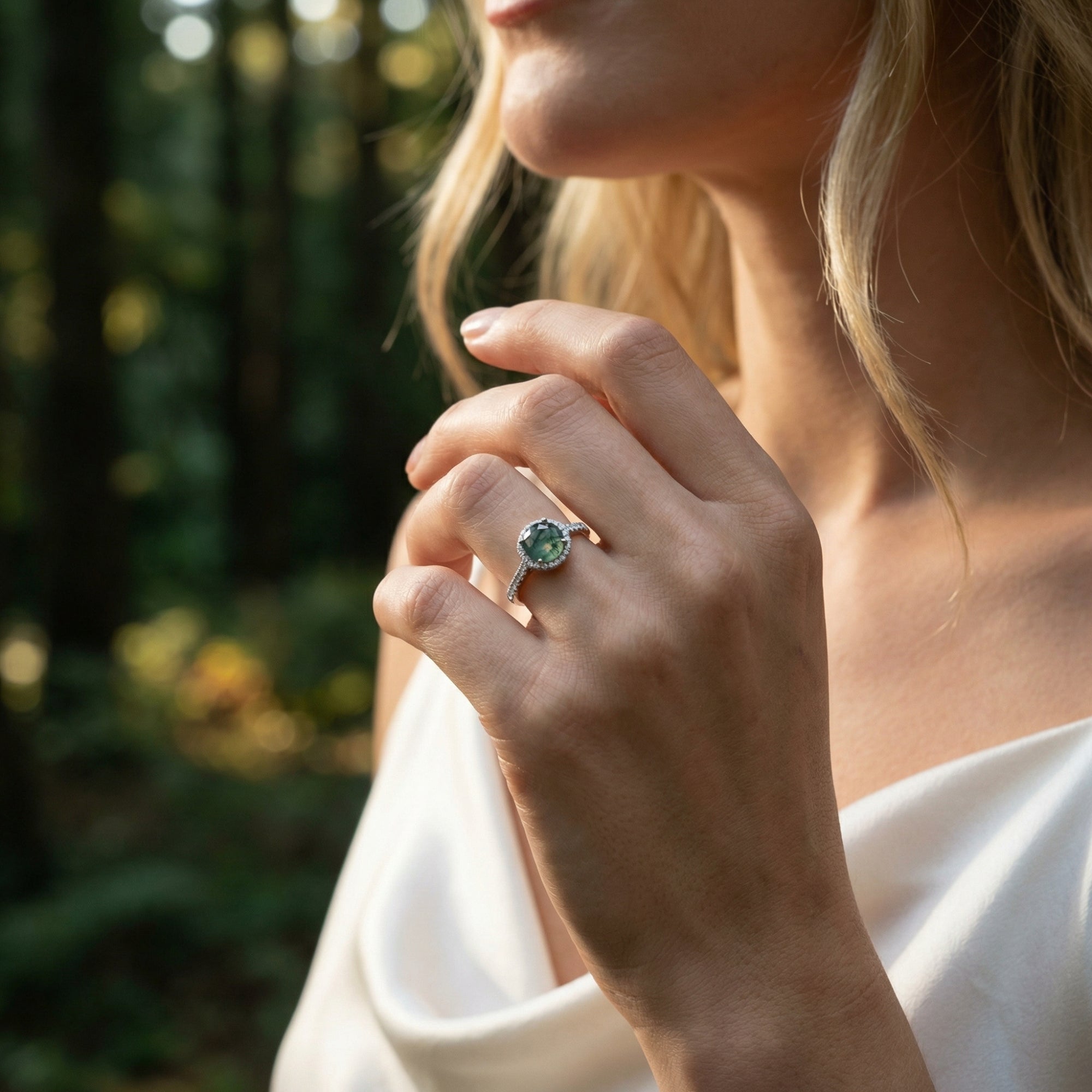 Ovaler Ring aus natürlichem Moosachat und Diamanten – S925 Sterling Silber