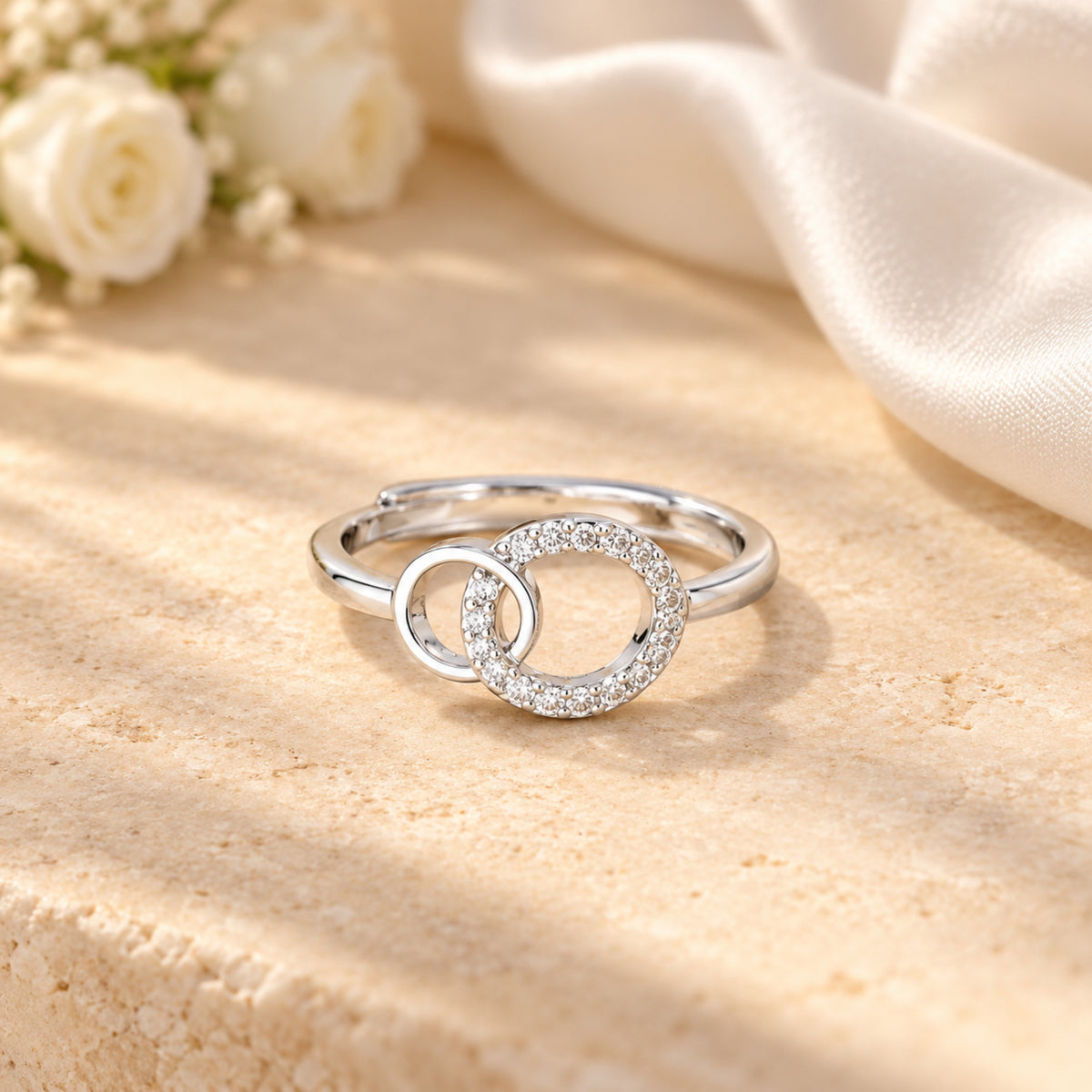 S925 silver sister ring showing one smooth circle and one clear pavé-set circle